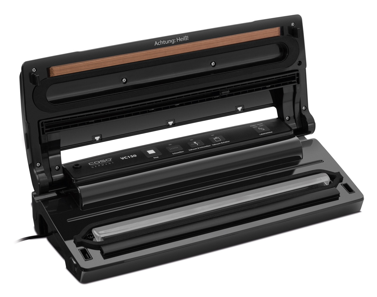 A black vacuum sealer with an open lid. It has a control panel and a sealing element inside.