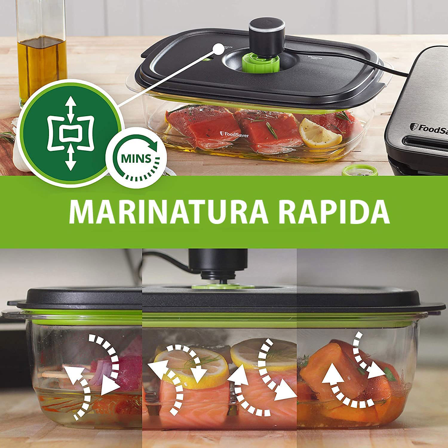 Contenitore sottovuoto FoodSaver con cibo. Testo: Marinatura in pochi minuti. Processo mostrato.