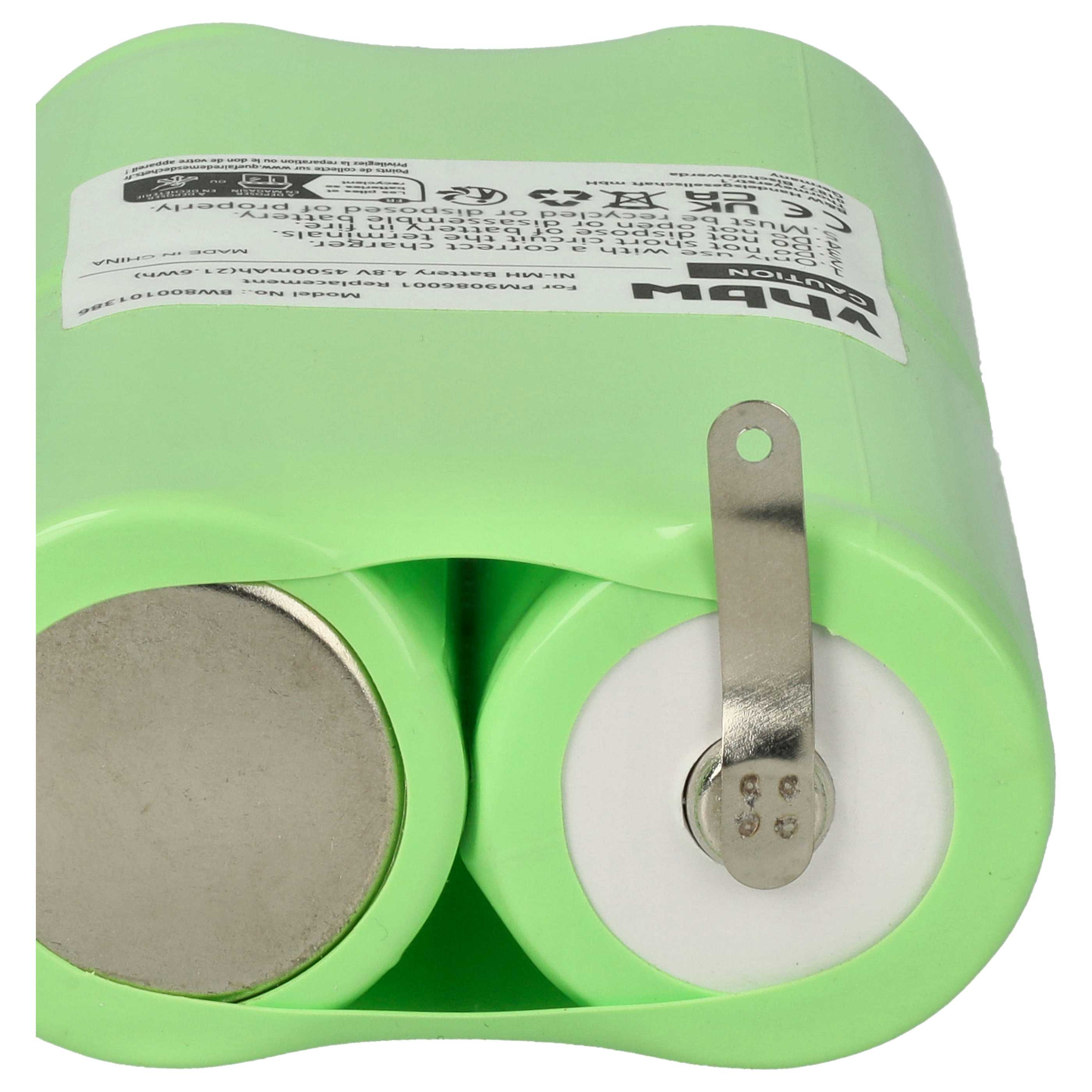 Grüner Akku mit zwei Batterien. Metalllasche oben. Schwarz-Weiß-Etiketten.