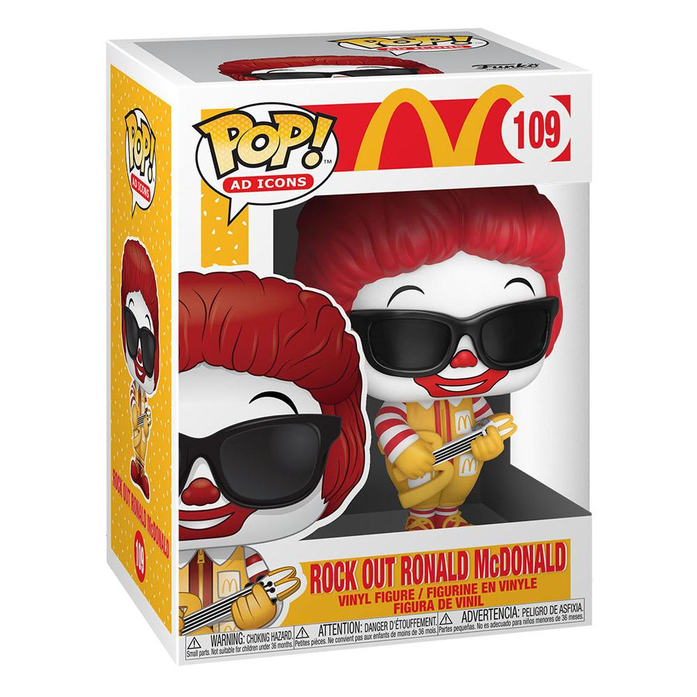 Funko Pop! Figur von Ronald McDonald mit Sonnenbrille und Gitarre, in einer Box mit McDonald's-Branding.