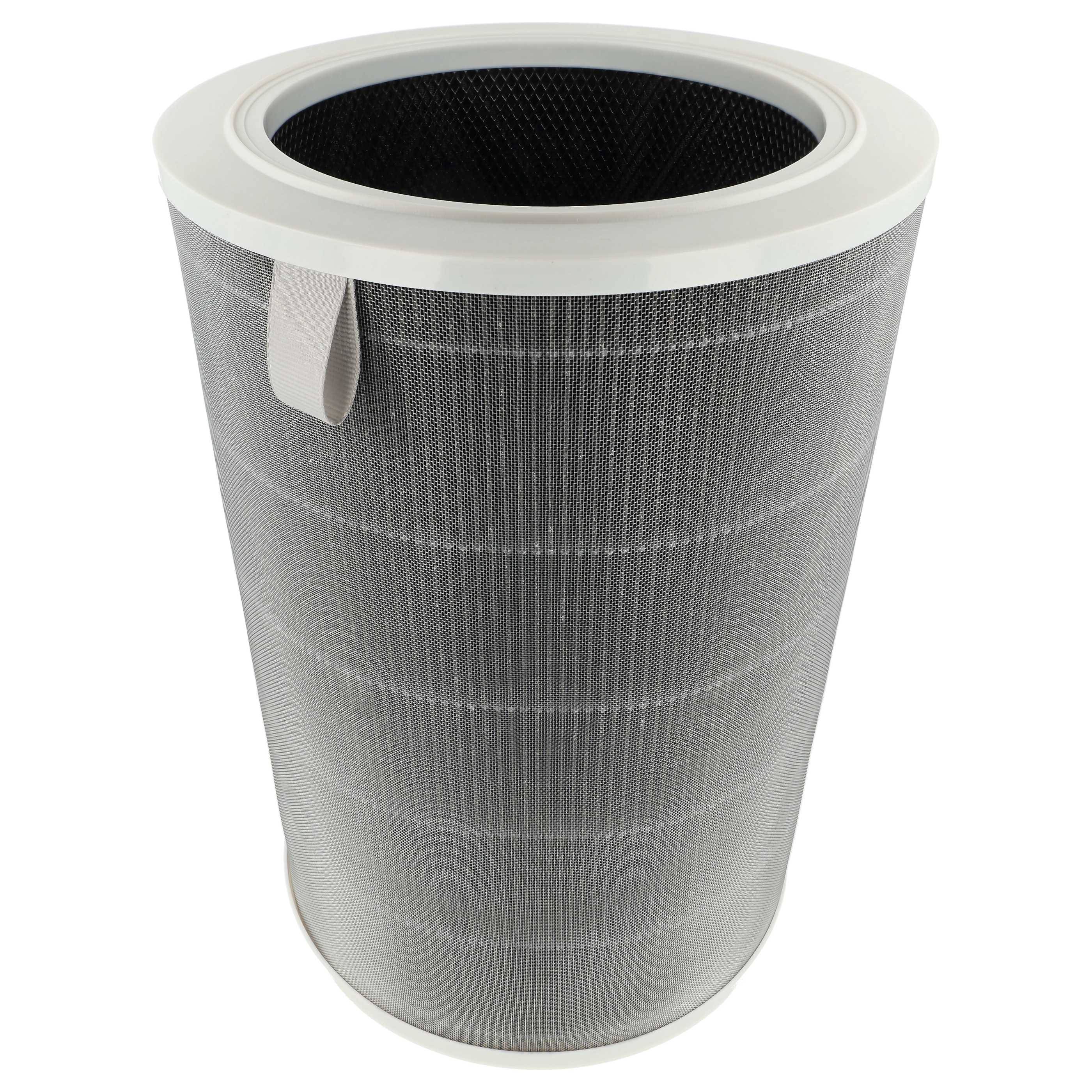 Ein zylindrischer Luftfilter mit weißem Rand, Maschenkörper und grauem Riemen oben.
