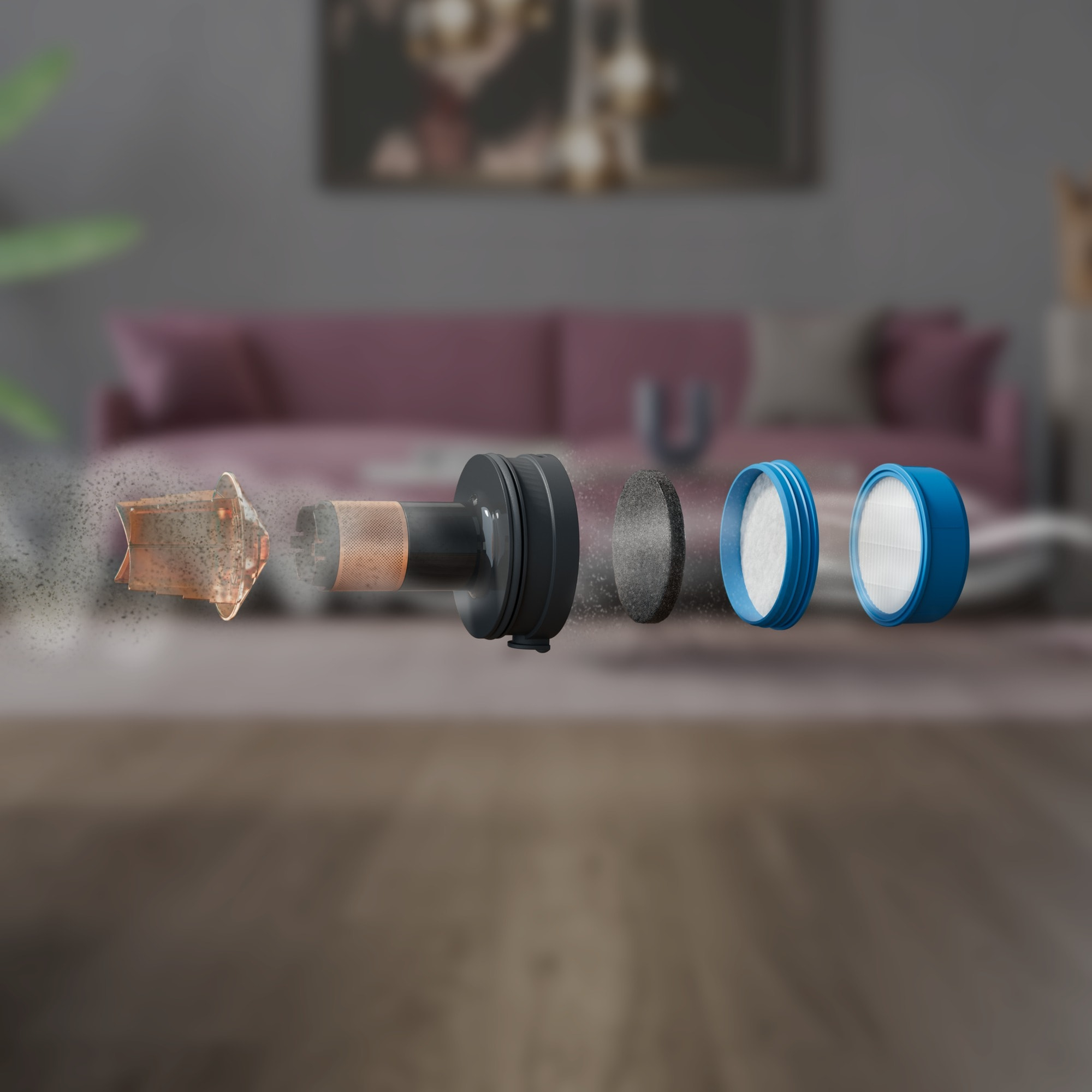 Widok rozłożonego filtra do odkurzacza, pokazujący części w kolejności, z cząsteczkami kurzu w powietrzu.