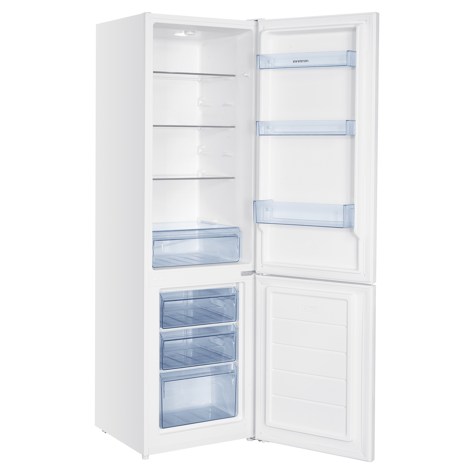 Refrigerador blanco con puertas abiertas, que revela estantes y cajones.