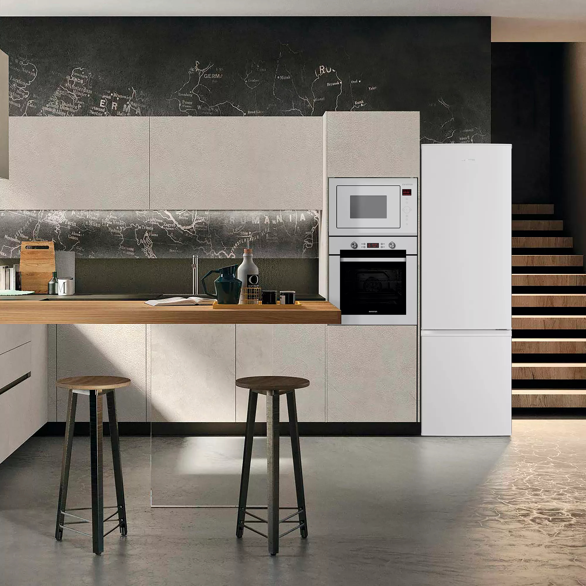 Cocina moderna con encimera de madera, taburetes y electrodomésticos.