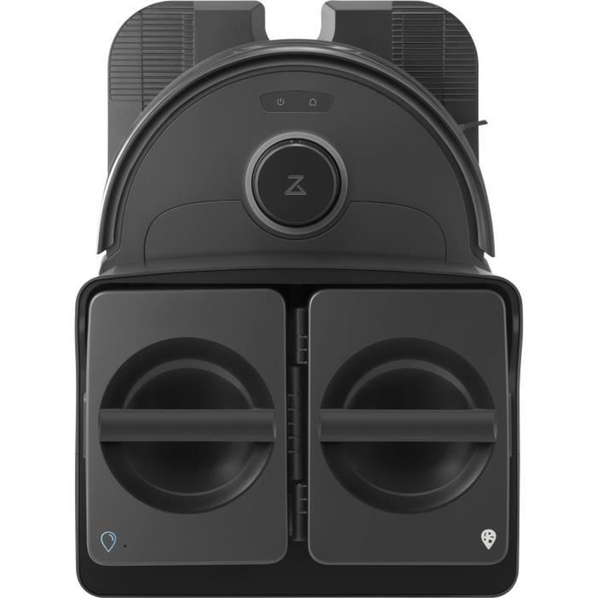 Widok z góry na czarny odkurzacz robot z dwoma komorami na dole.