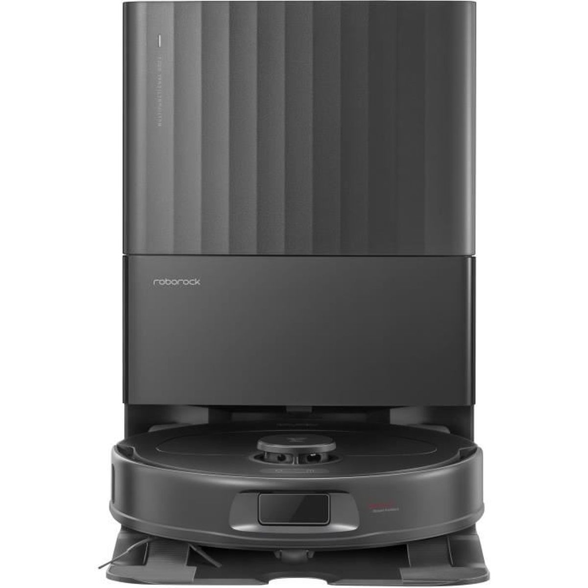 Czarny odkurzacz automatyczny ze stacją ładującą.