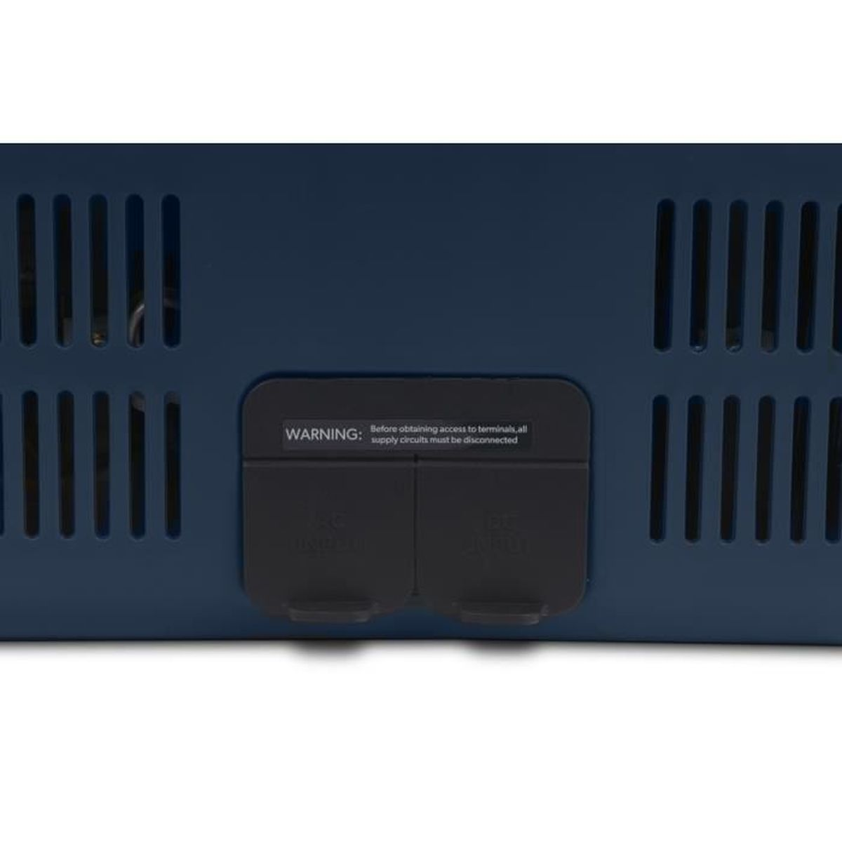 Tył niebieskiego urządzenia z etykietą ostrzegawczą i dwoma portami zasilania.