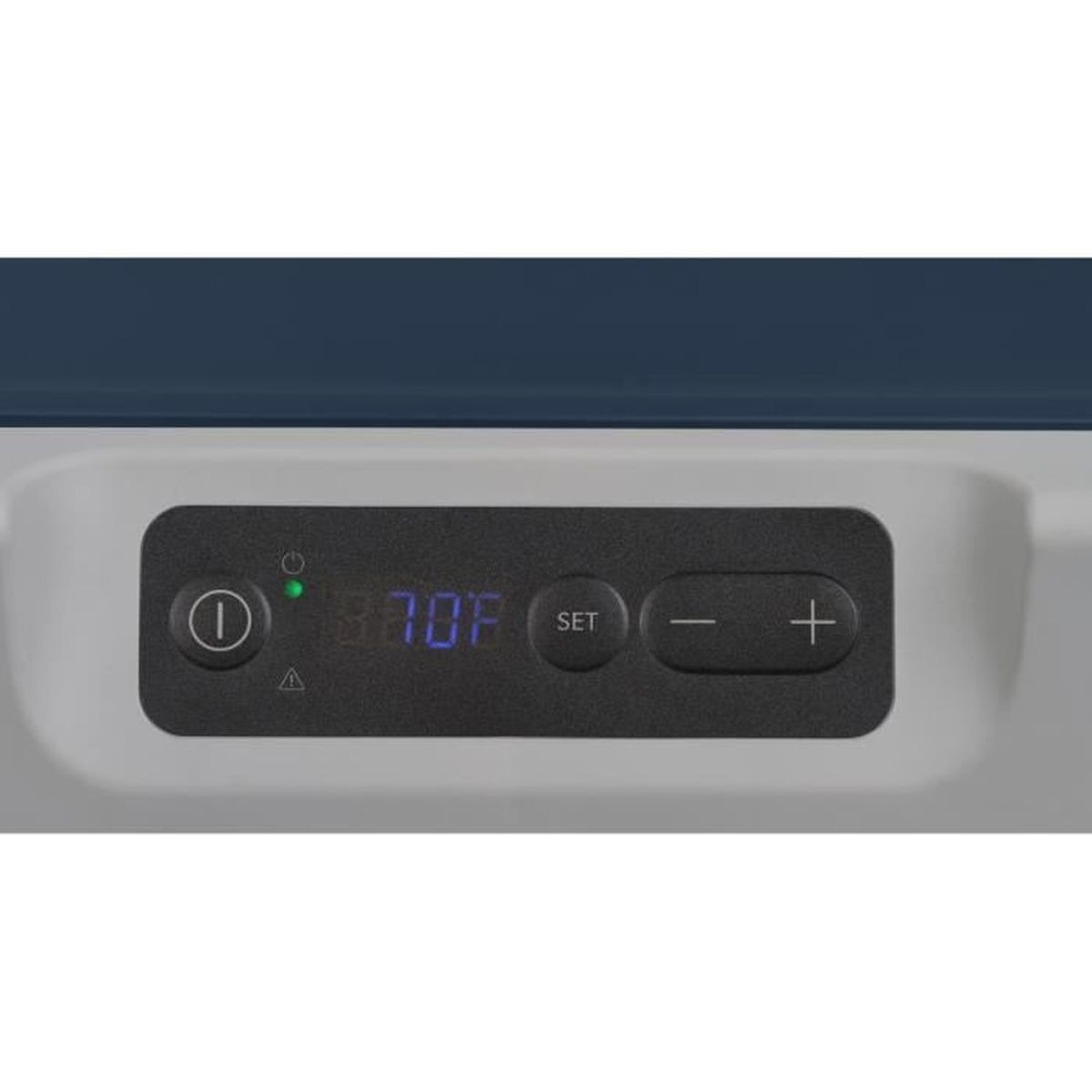 Zbliżenie panelu sterowania z przyciskiem włącz/wyłącz, wyświetlaczem '88.0F' i przyciskami plus/minus.