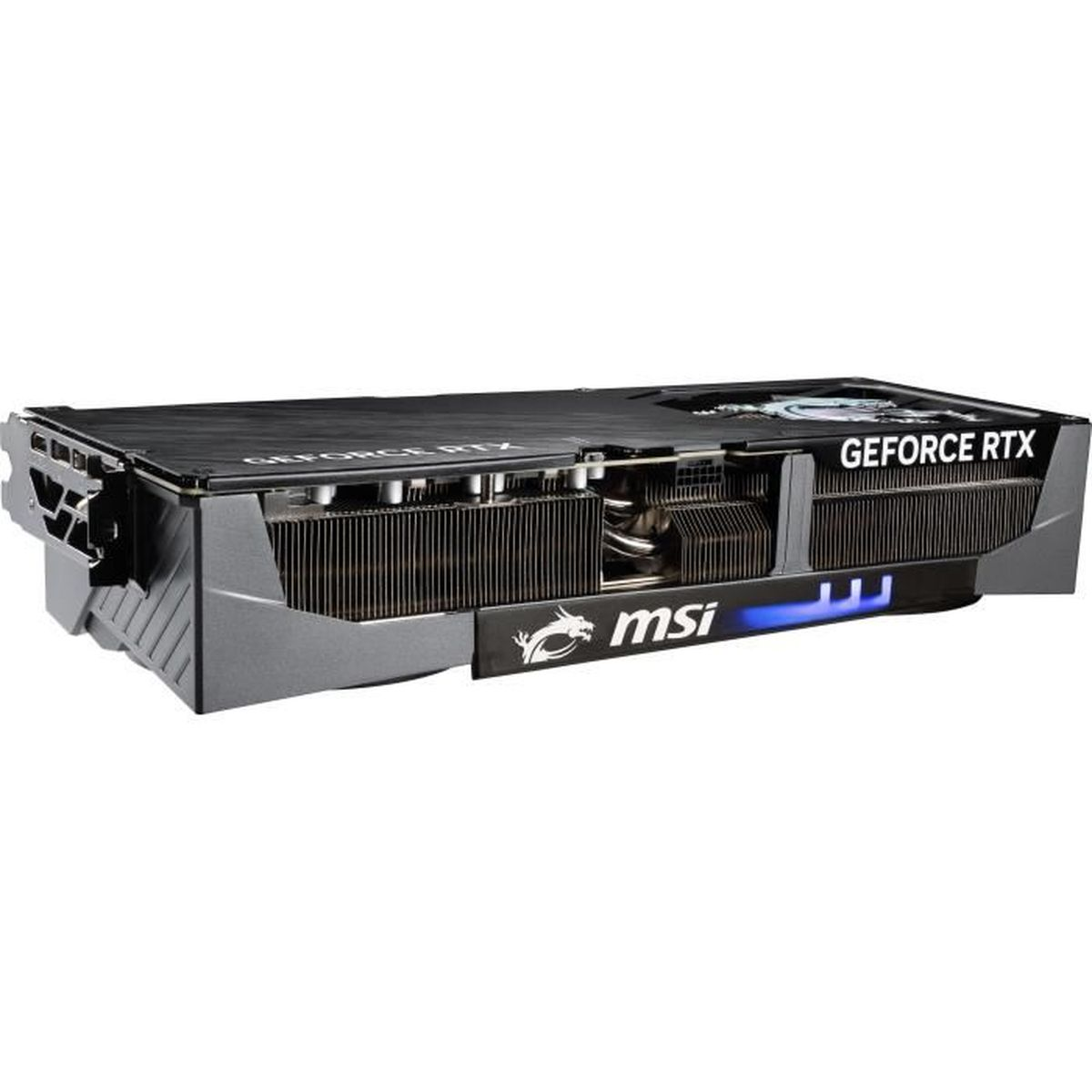 MSI GeForce RTX grafik kartı, beyaz arka planda açılı görünüm.