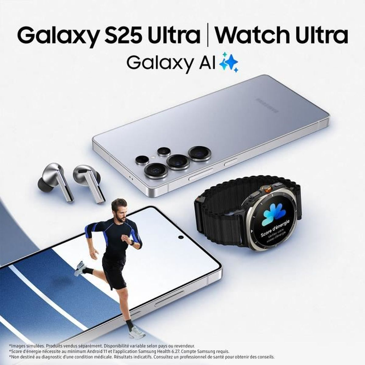 Telefon, zegarek, słuchawki i biegacz na ekranie telefonu. Niebieskie i białe tło.