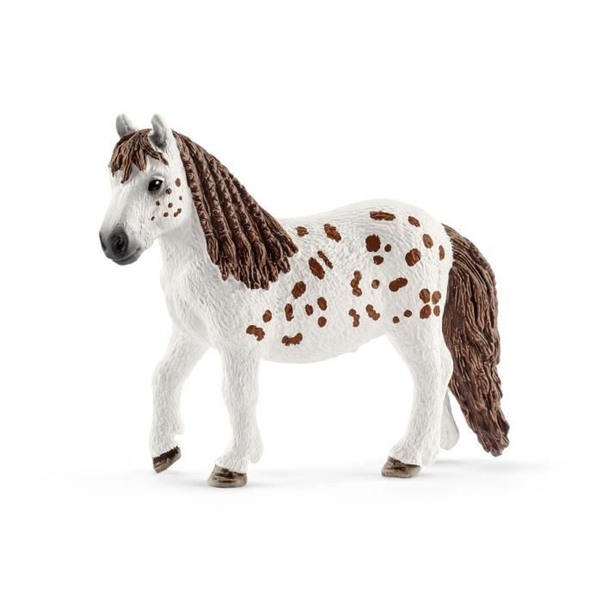 Cheval jouet, blanc avec des taches marron et une crinière marron.
