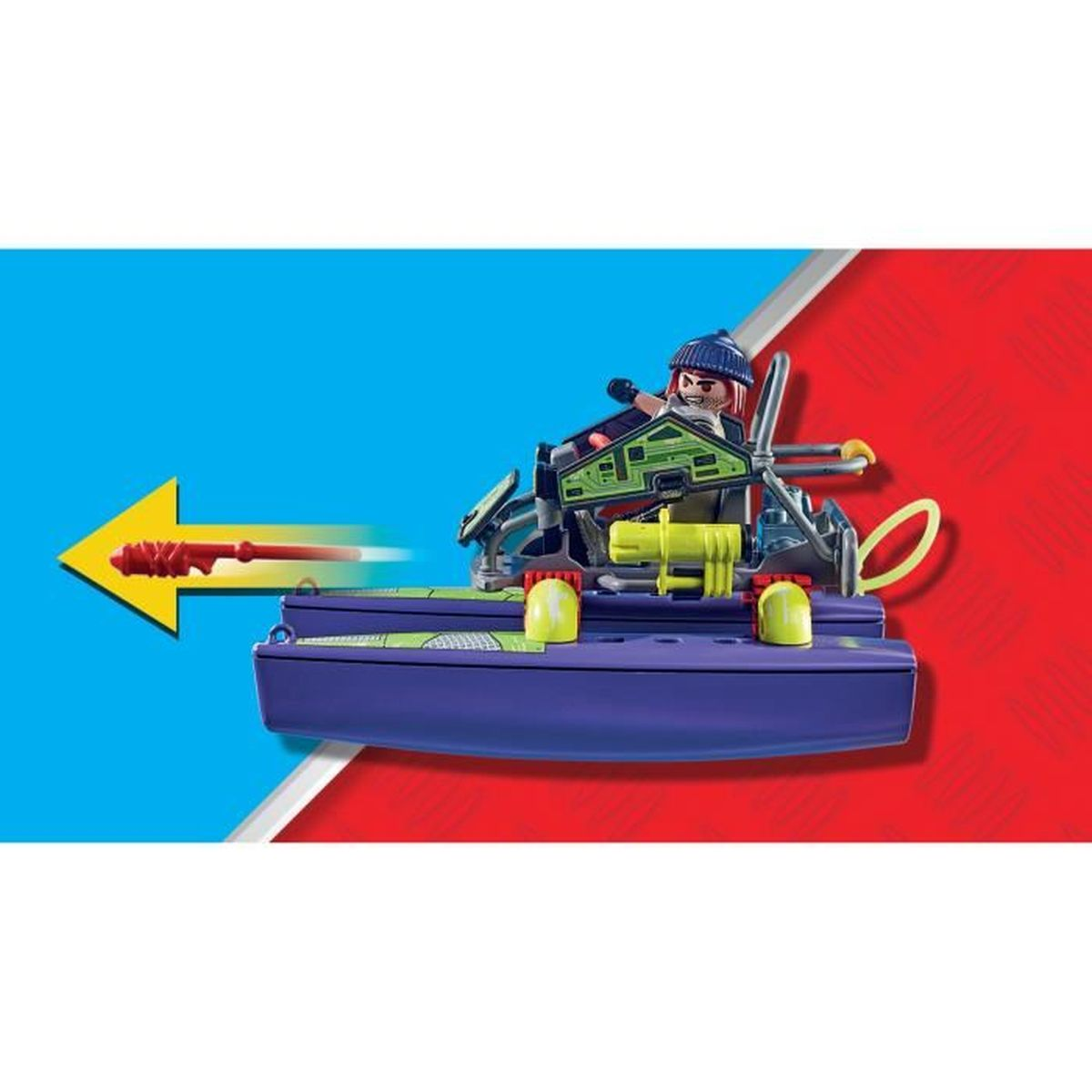 Zabawkowa łódź Playmobil z figurką, niebieskim i czerwonym tłem oraz strzałką wskazującą w lewo.