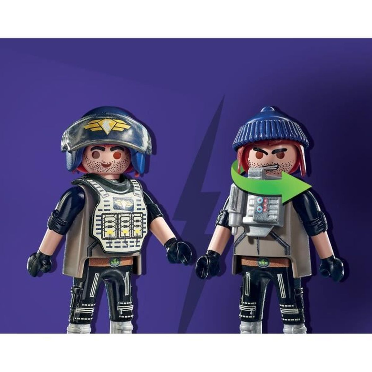 Figurki Playmobil, jedna z hełmem, a druga ze strzałką wskazującą zmianę.