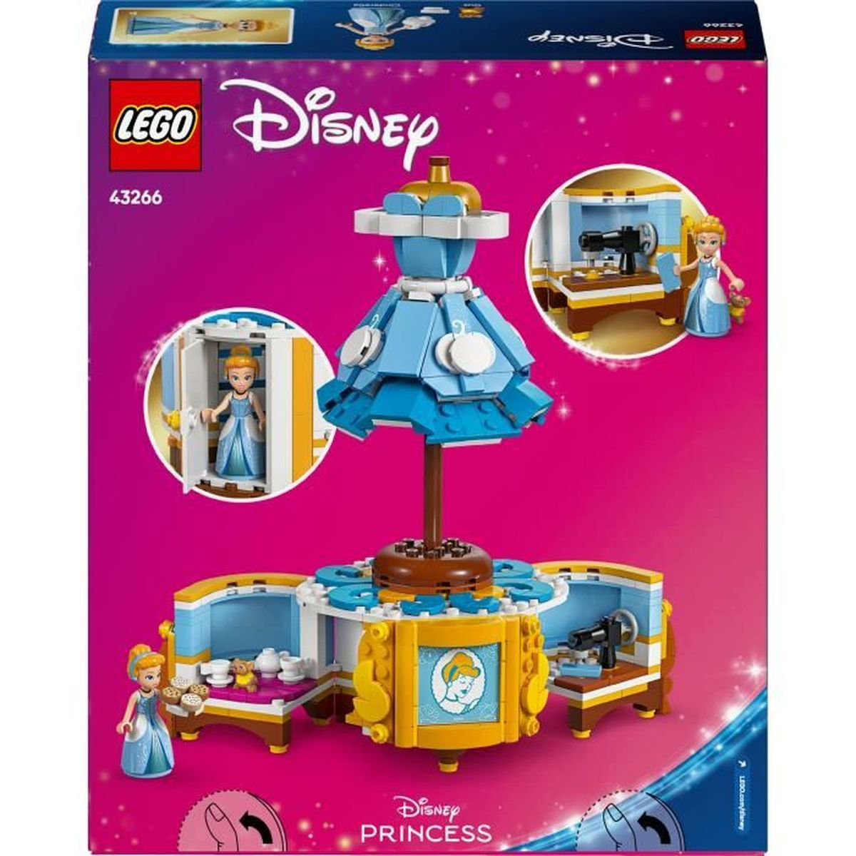 Zestaw Lego Disney Princess. Zestaw przedstawia niebieską sukienkę, stół i dwie figurki Disney Princess.