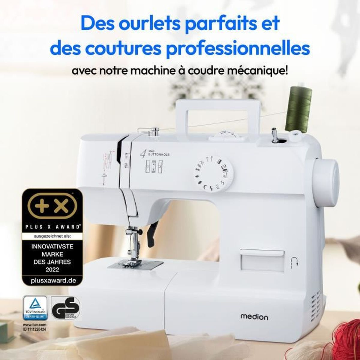 Biała maszyna do szycia z zieloną szpulką nici. Tekst: Idealne obszycia i profesjonalne szwy.