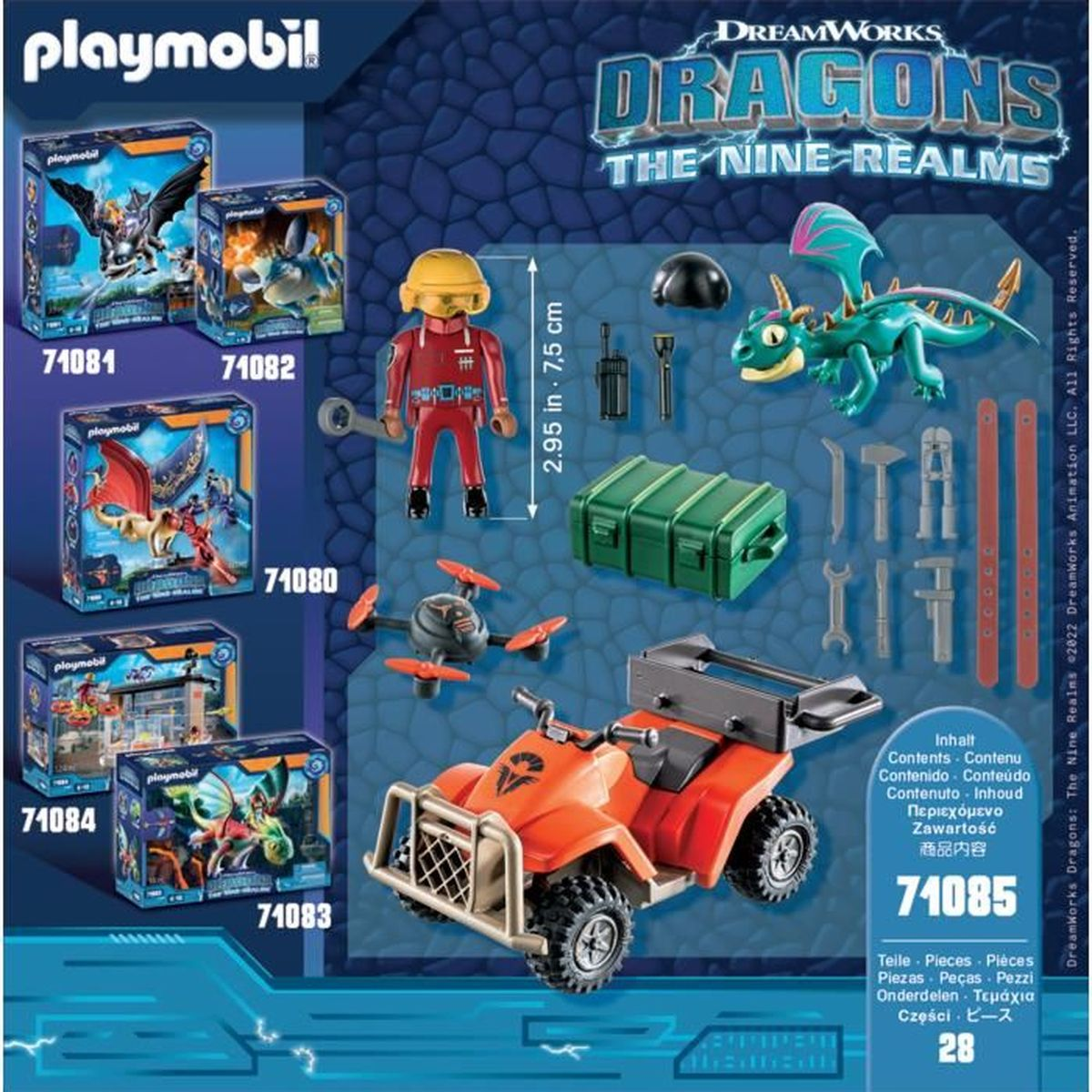 Set Playmobil con giocattoli, personaggi e quad, tutto su una superficie bianca.