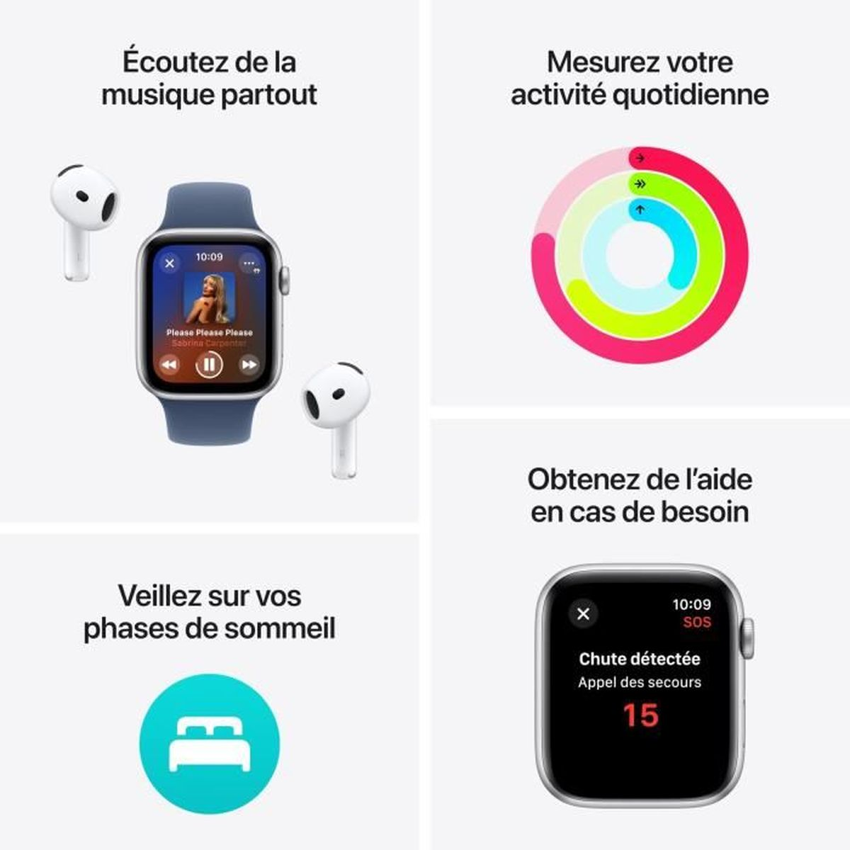 Apple Watch, AirPods i grafika informacyjna dla zdrowia i muzyki.