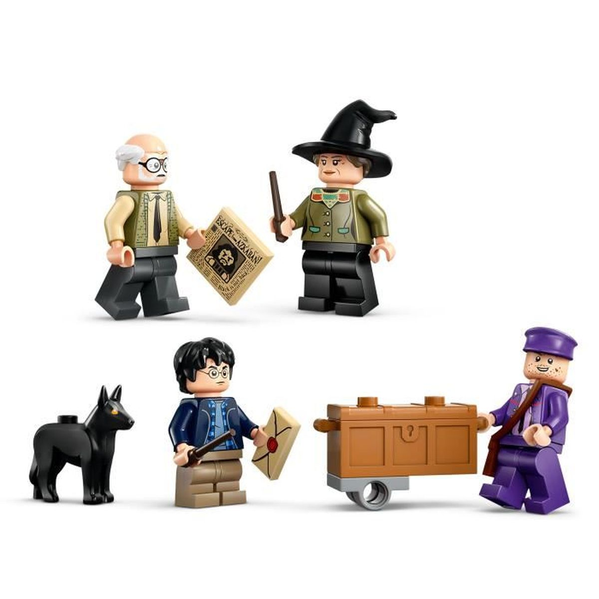 Figurki LEGO Harry Potter: Dumbledore, czarodziej, Harry, pies i fioletowy listonosz.