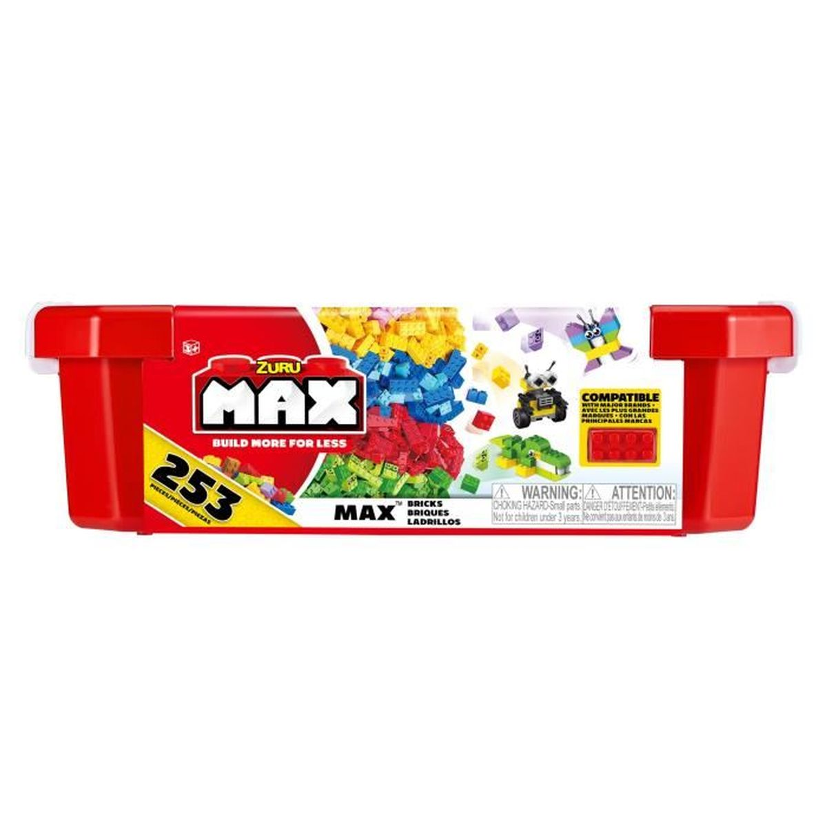 Ein roter Behälter mit MAX-Steinen und einer Schachtel mit bunten Steinen.