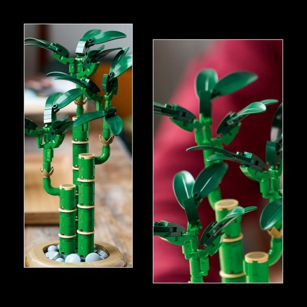 Lego bamboe plantmodel. Groene bladeren en stengels. Twee weergaven van de plant.