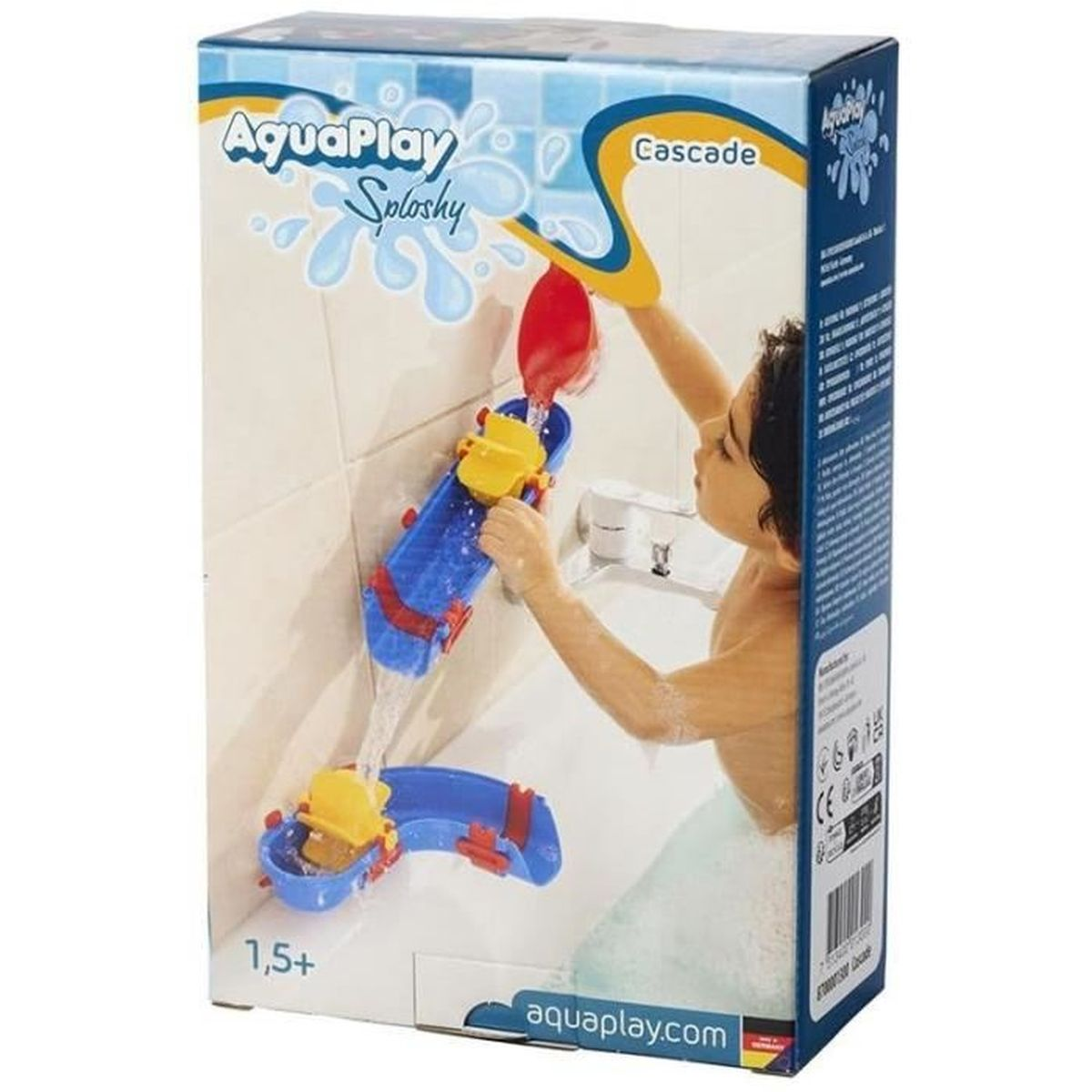 Ein Kind spielt mit einem AquaPlay-Spielzeug. Das Spielzeug ist ein blaues und gelbes Wassersystem.