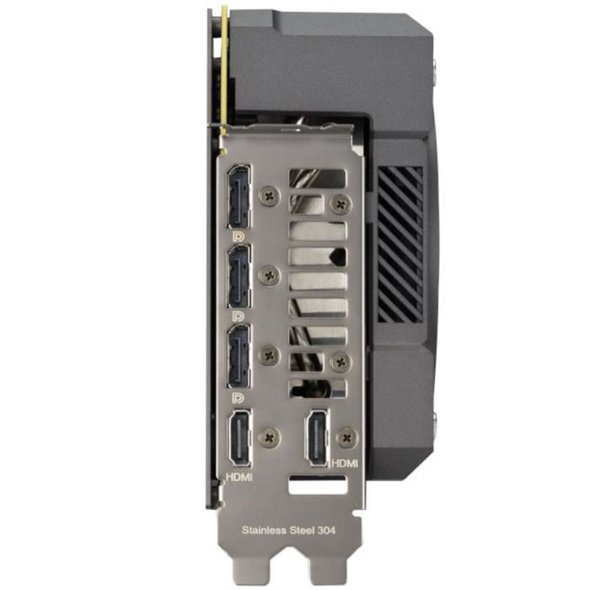 Widok z boku karty graficznej z wieloma portami, czarnym i szarym chłodzeniem oraz tekstem