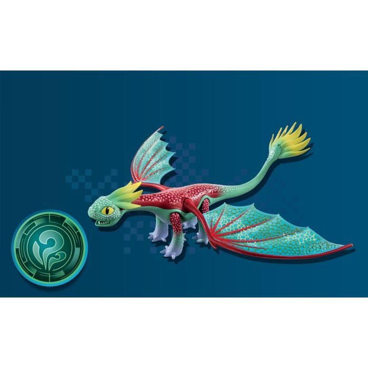 Ein farbenfrohes Drachenspielzeug mit Flügeln auf blauem Hintergrund mit Symbol.