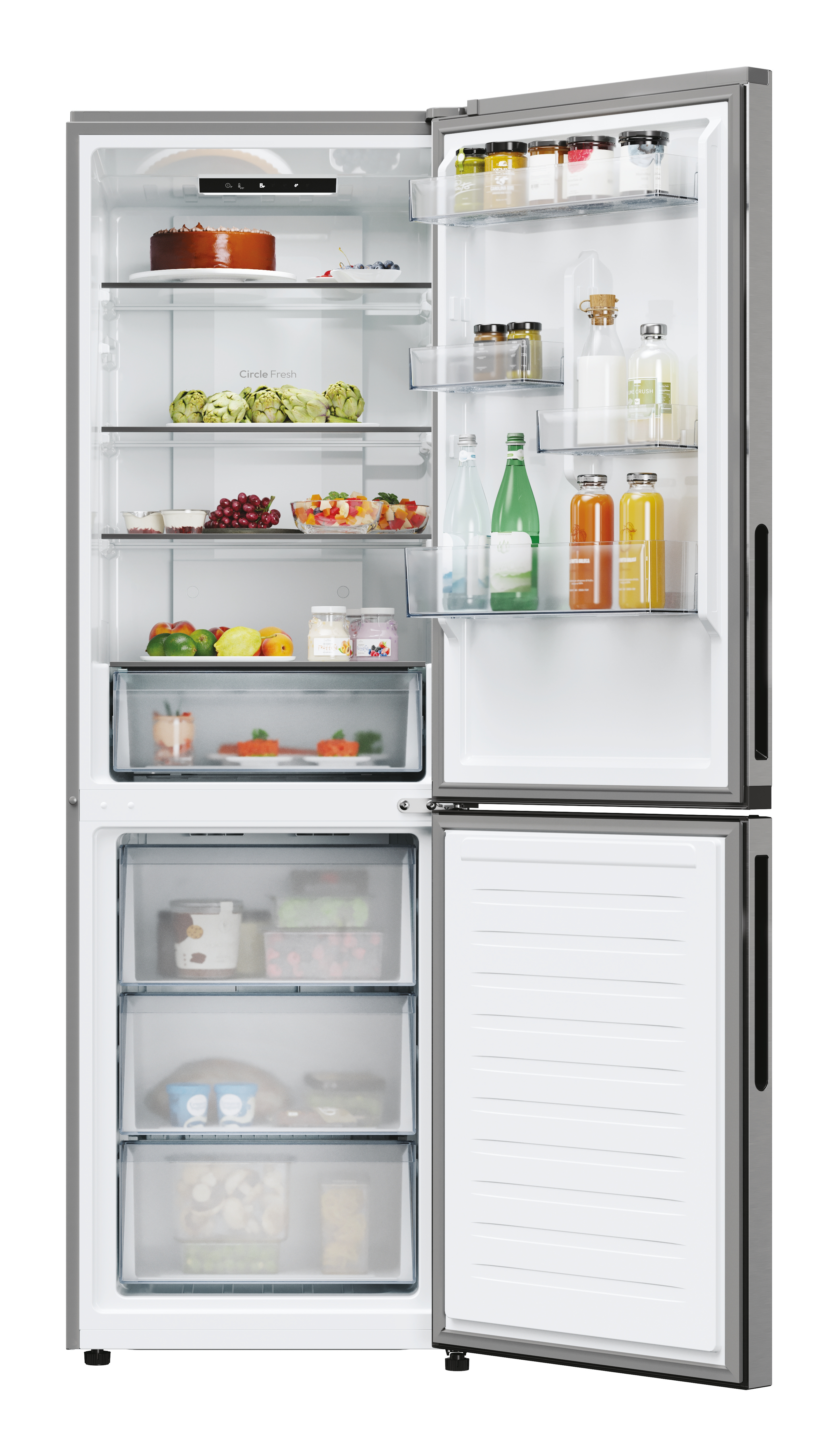 Un refrigerador plateado abierto, que muestra estantes con alimentos.