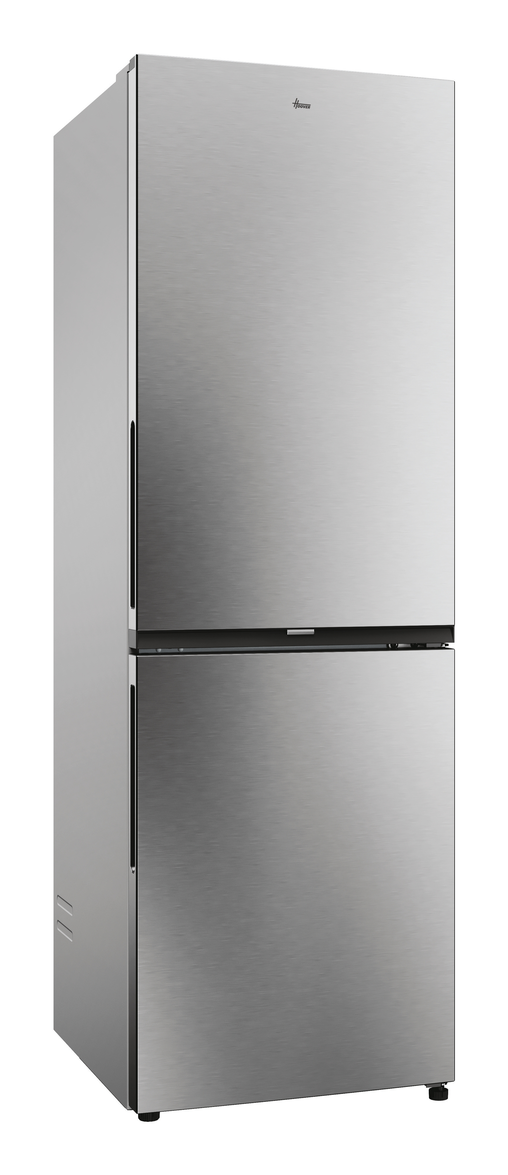 Un refrigerador de acero inoxidable. La parte superior es el refrigerador y la inferior es el congelador.