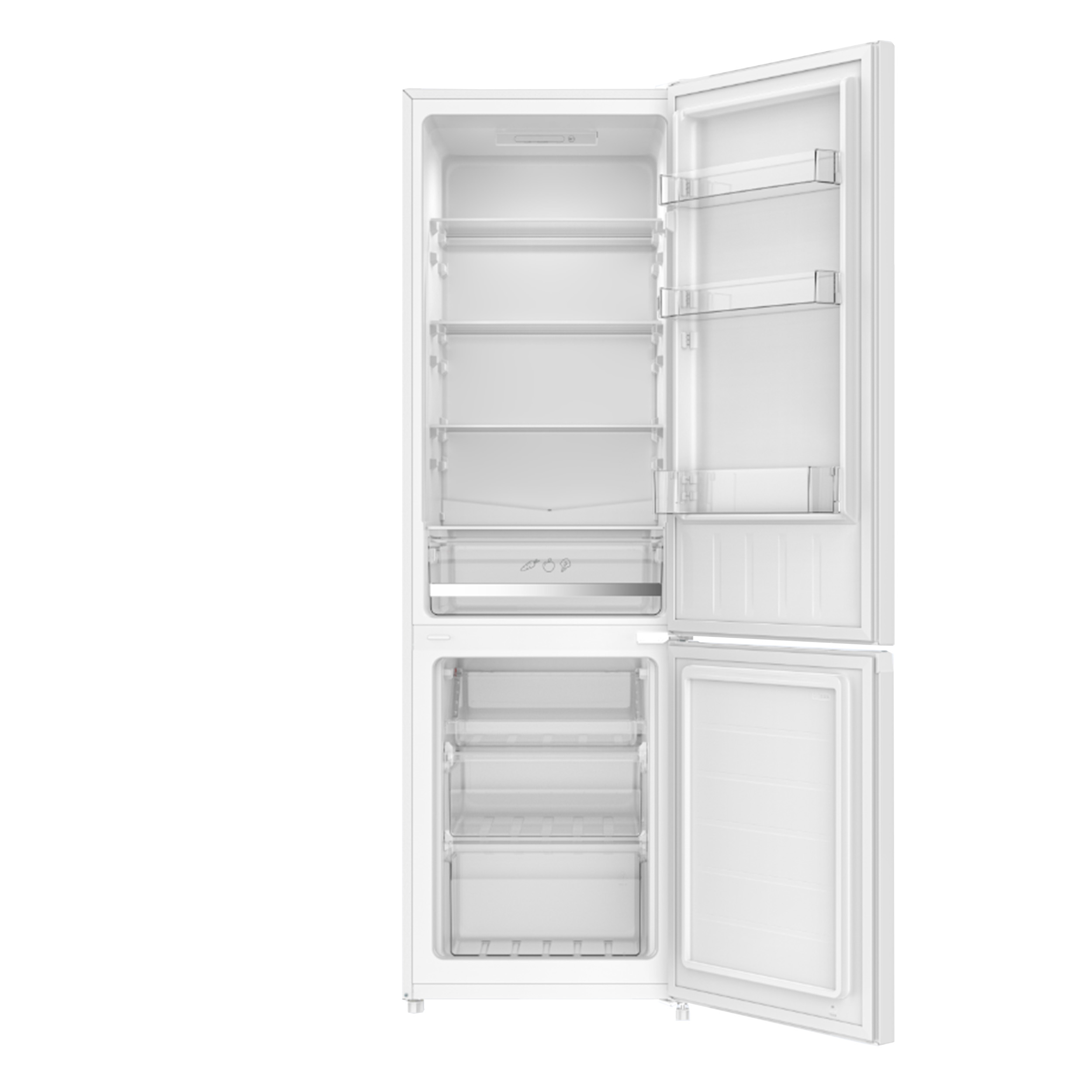 Frigorifero bianco con porte aperte, che mostra ripiani, cassetti e disposizione interna.