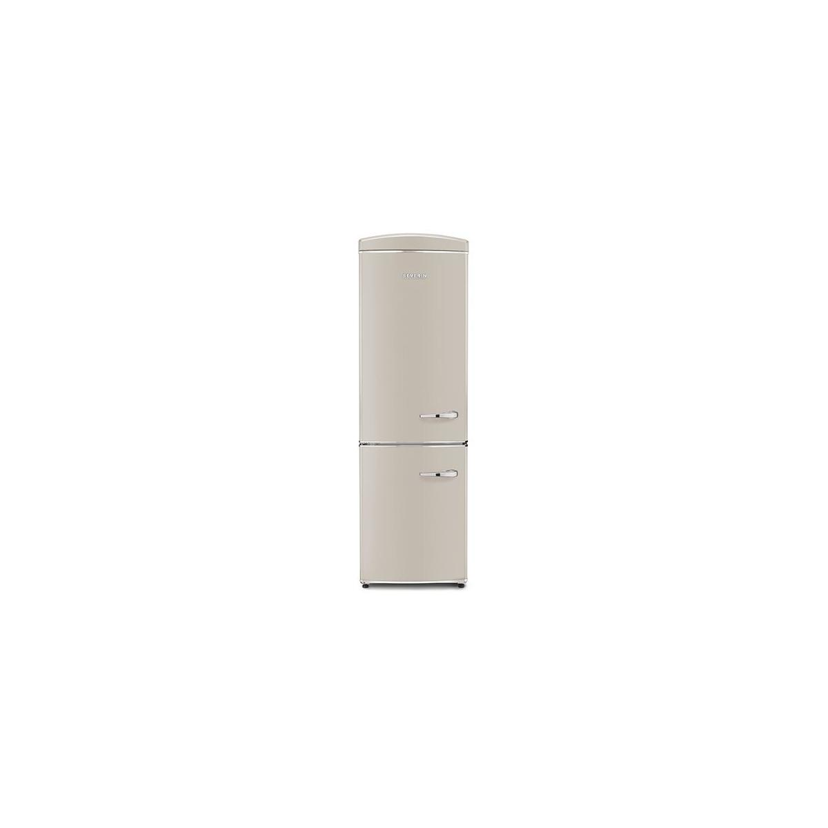 Un frigorifero beige in stile retrò con maniglie argentate. È su sfondo bianco.