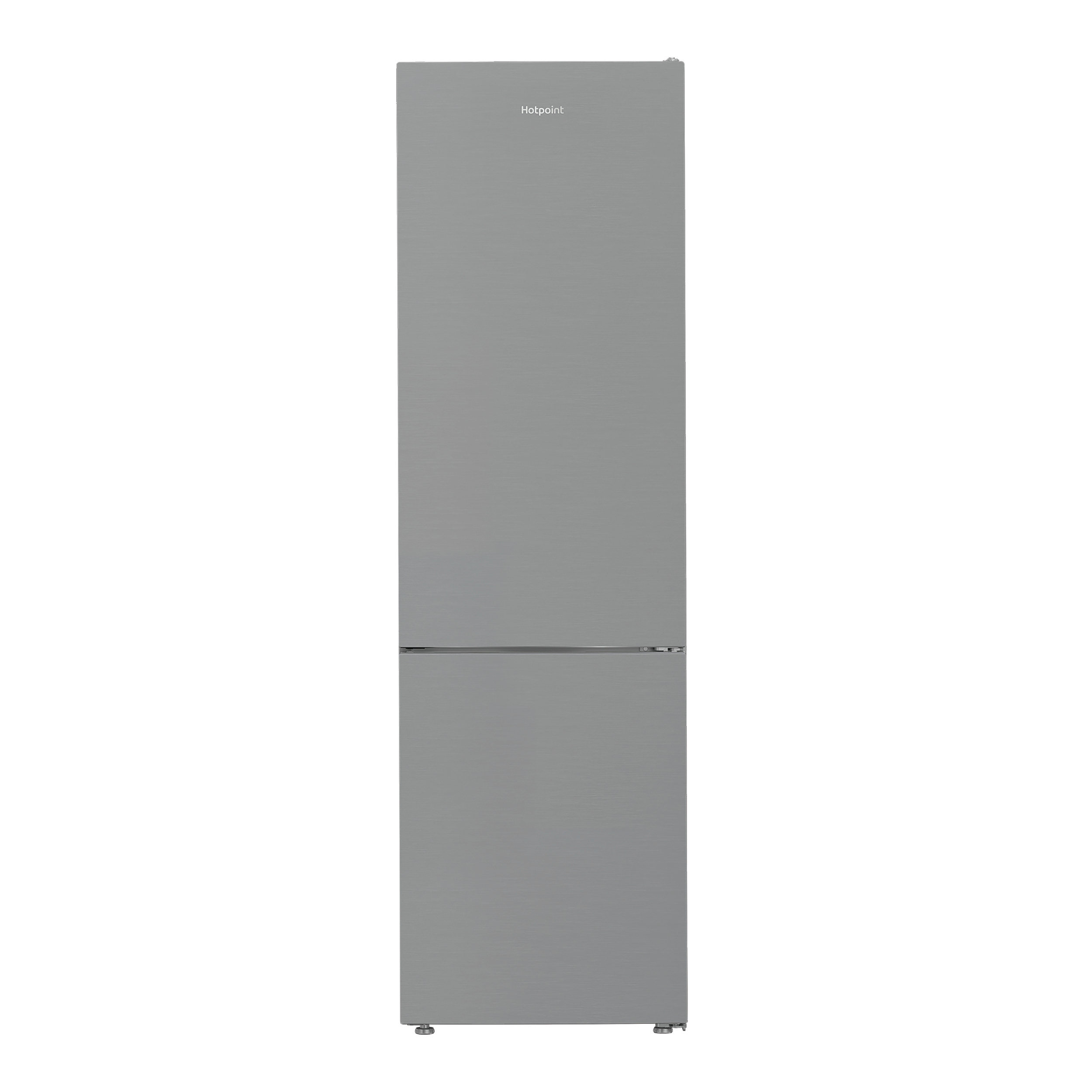 Ein grauer Hotpoint-Kühlschrank mit zwei Türen.
