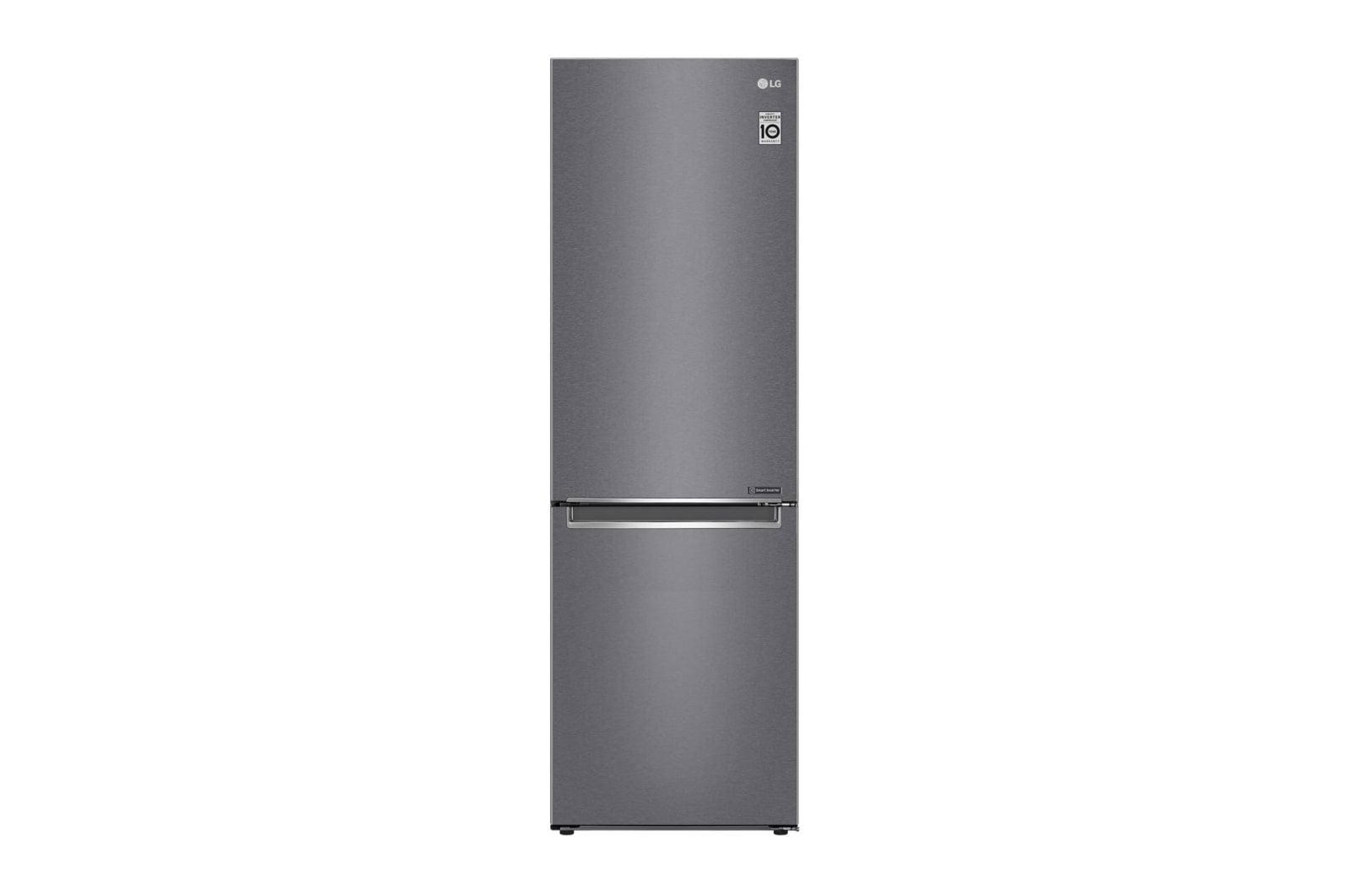 Frigorifero LG grigio alto con congelatore inferiore. Design semplice, maniglia e logo LG visibili.