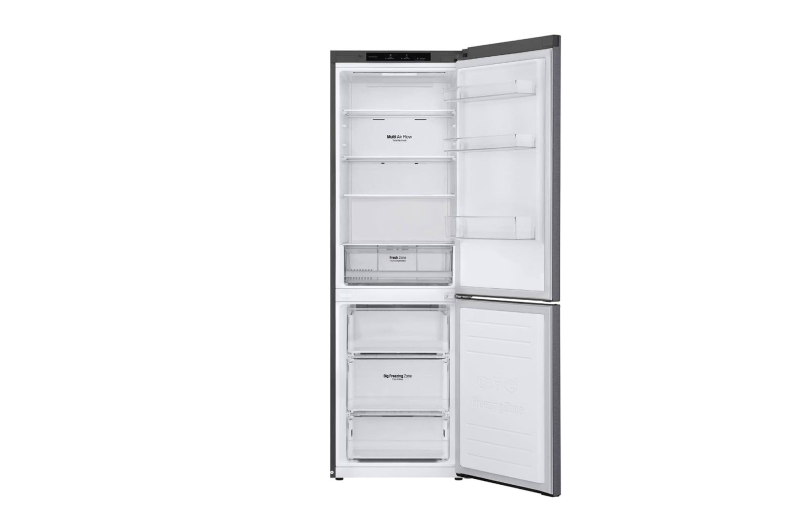 Frigorifero nero con ante aperte. Ripiani e cassetti visibili. Interno bianco. Sfondo bianco.