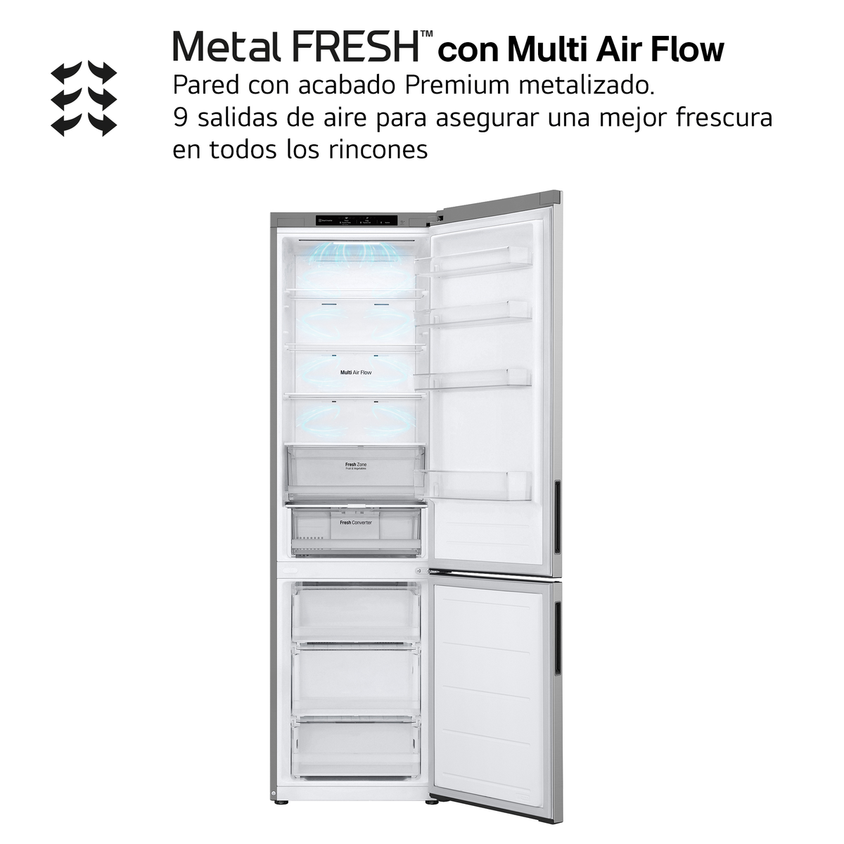 Frigorifero argentato con ante aperte, che mostra ripiani, zona fresca e congelatore.