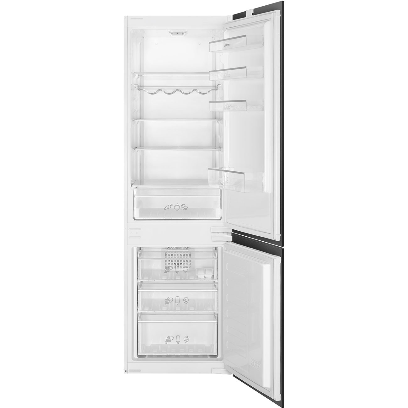 An empty refrigerator with shelves and drawers. The interior is clean and ready for use.