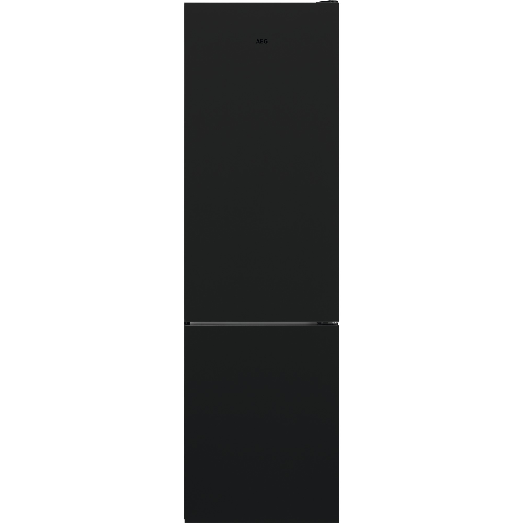 Un refrigerador negro con un congelador en la parte inferior. El fondo es blanco.