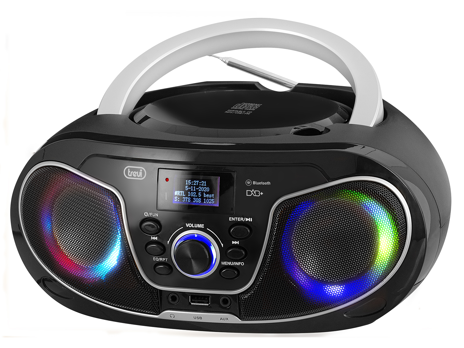 Boombox Trevi negra con asa, reproductor de CD y luces LED coloridas alrededor de los altavoces.