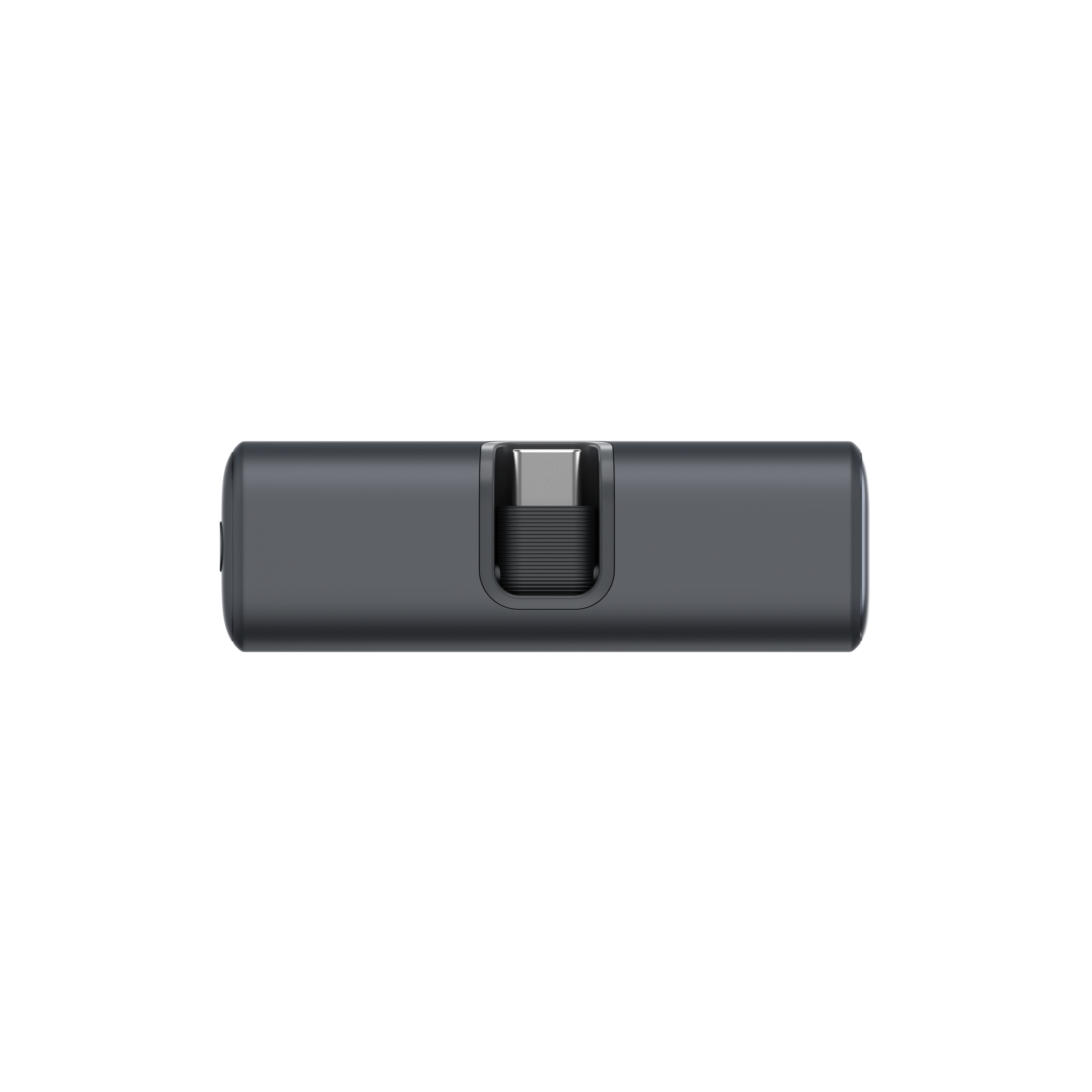 Dunkelgrauer USB-C-Adapter. Draufsicht. Metallanschluss.