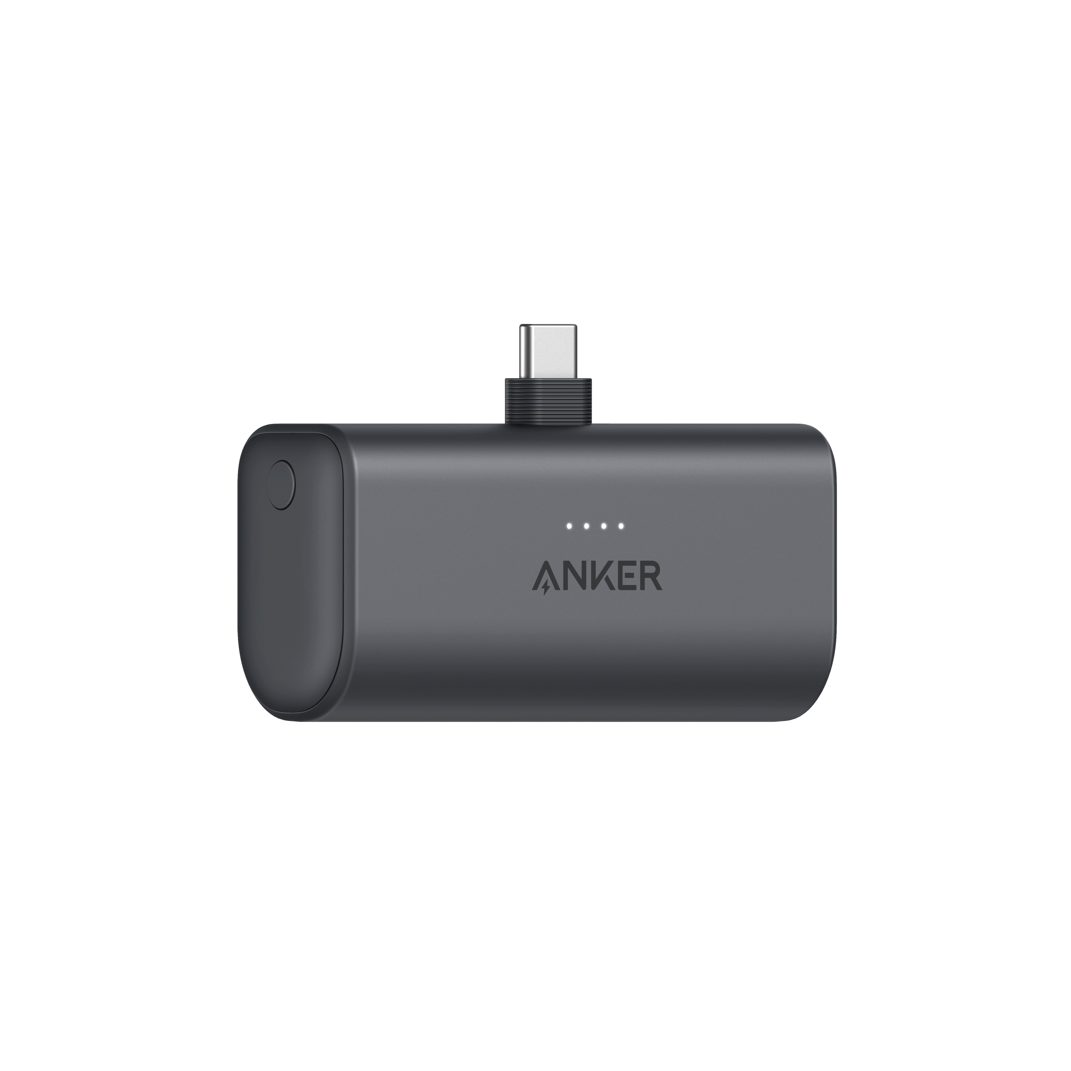 Eine dunkelgraue Anker Powerbank mit USB-C-Anschluss und vier weißen Kontrollleuchten.