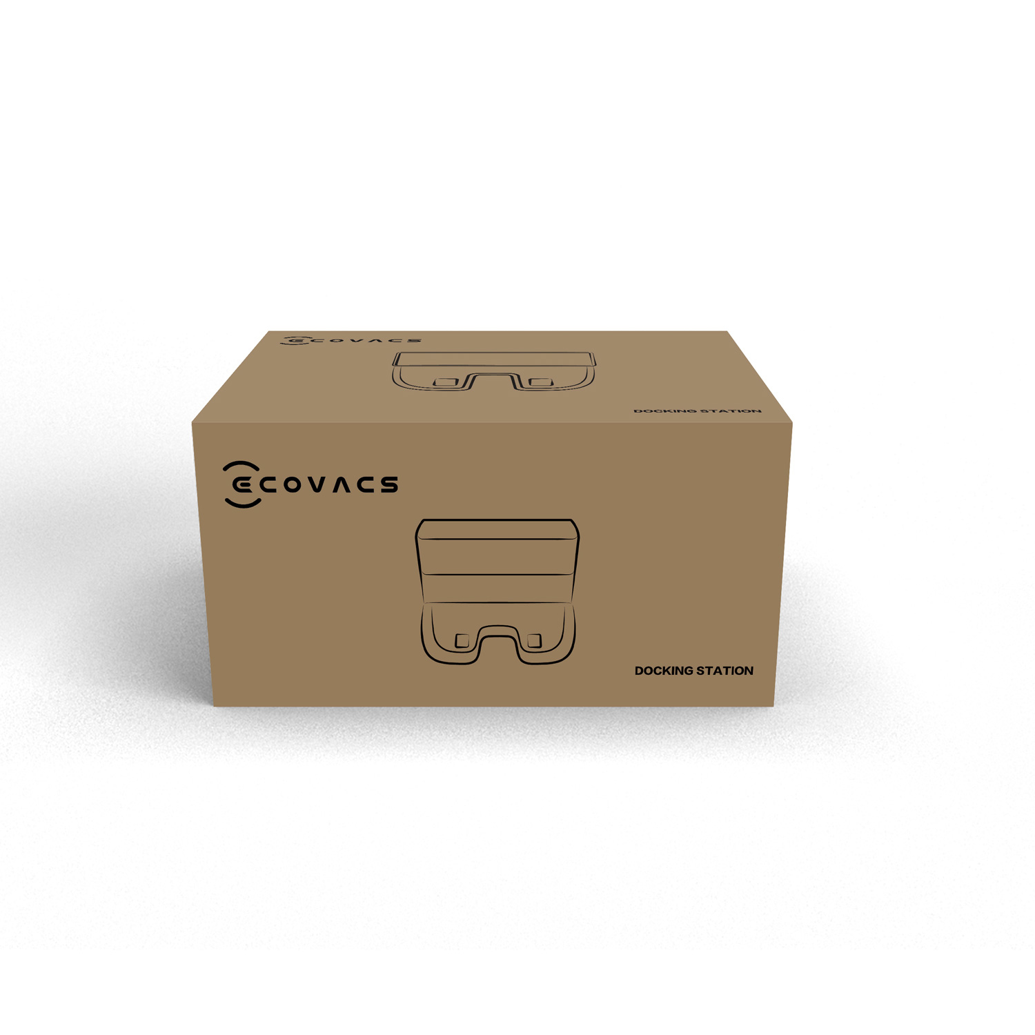 Une boîte en carton avec le logo ECOVACS, une image de la station d'accueil et du texte.