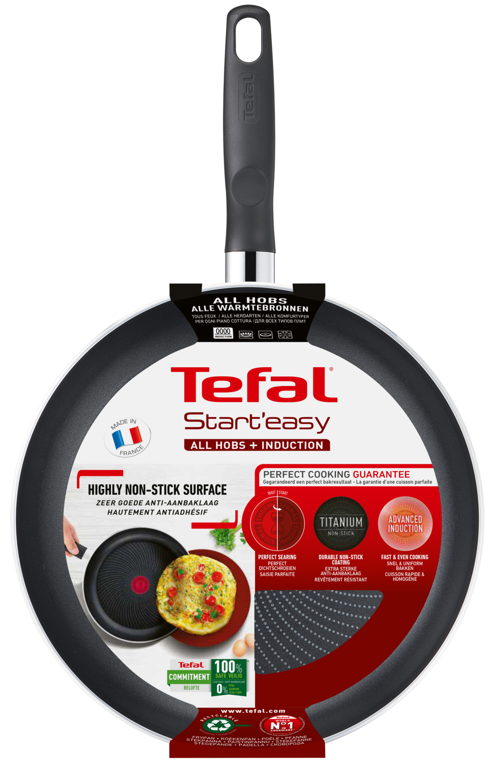 Black non-stick frying pan. Text on pan: Perfect cooking guarantee, highly non-stick surface.