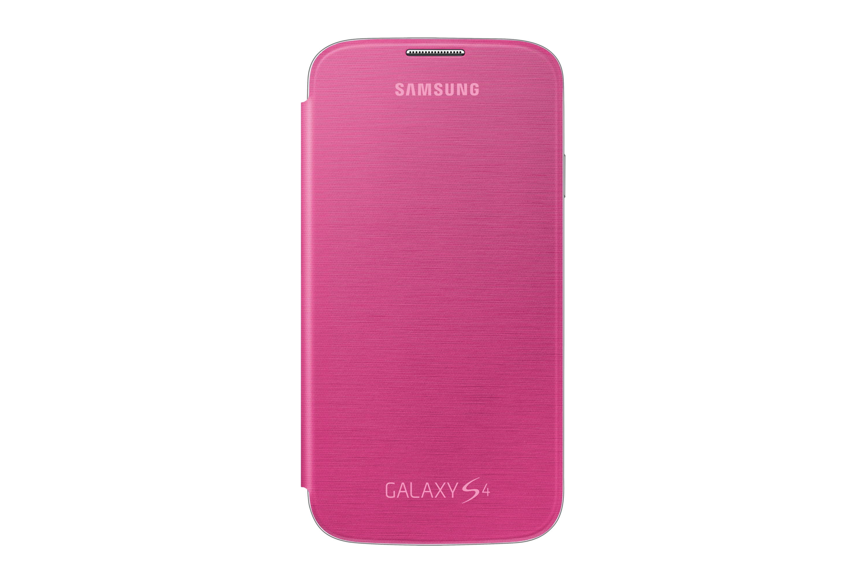 Custodia per telefono Samsung rosa, chiusa. La custodia è rosa e con scritto Galaxy S4.
