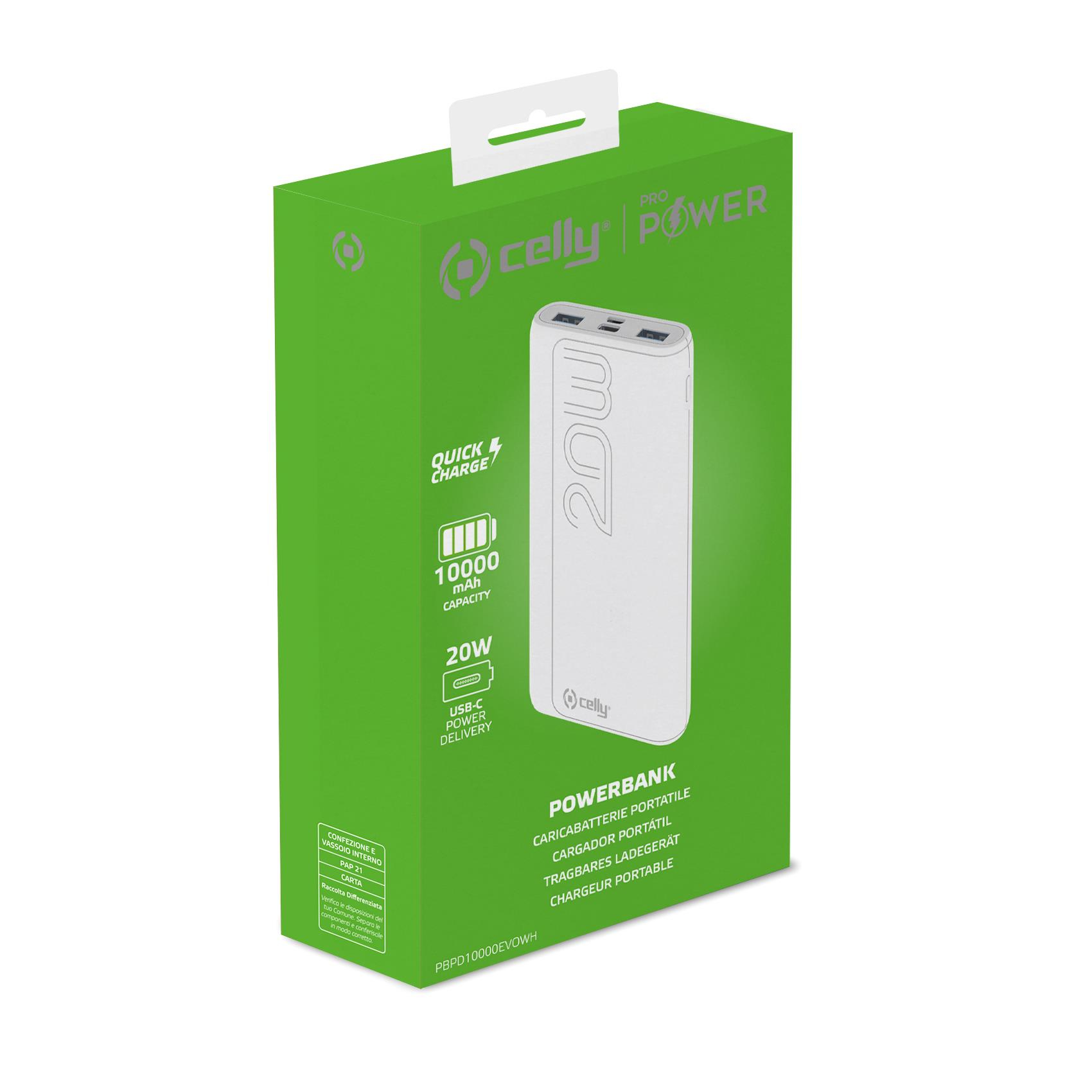 Scatola powerbank verde e bianca, con un powerbank bianco e specifiche. Sfondo bianco.