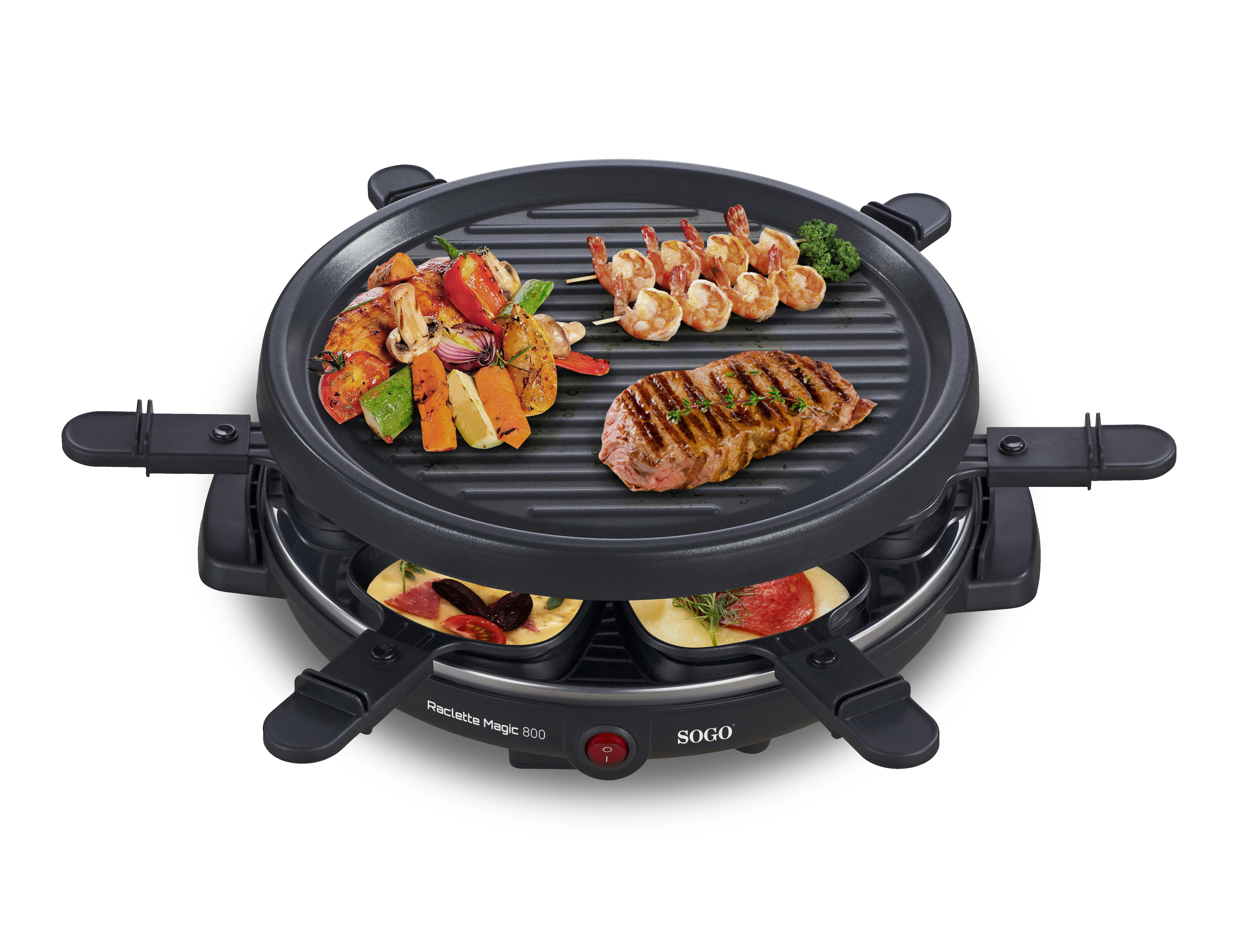 Una parrilla raclette con varios alimentos, incluyendo verduras, camarones y bistec, listos para cocinar.