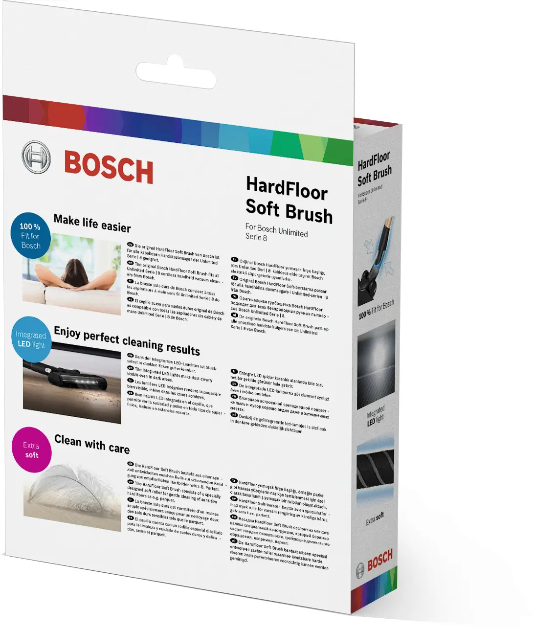 Opakowanie szczotki do odkurzacza z tekstem i obrazami. Białe tło, czyste i informacyjne.