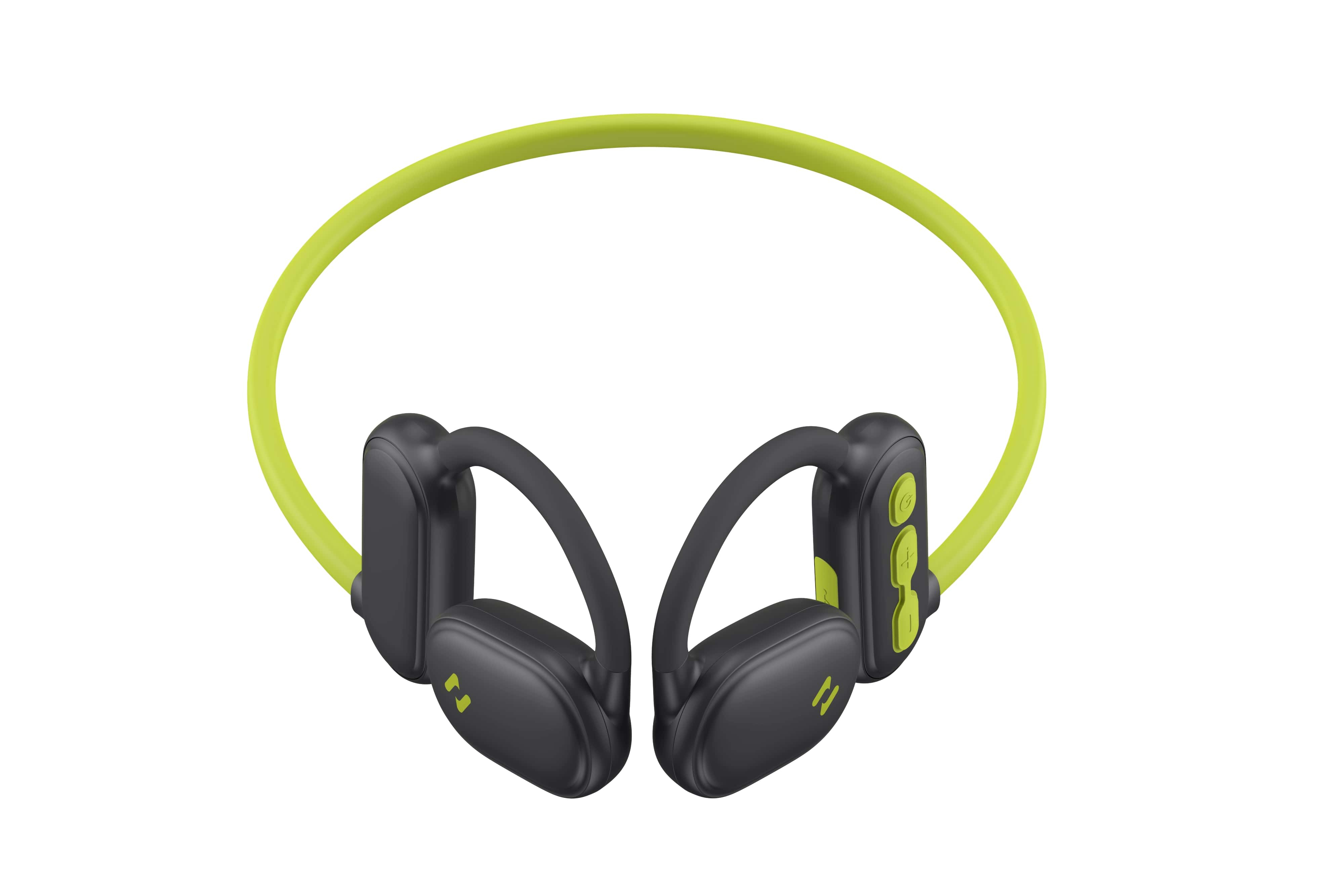 Casque sans fil noir et vert avec un design de tour de cou.