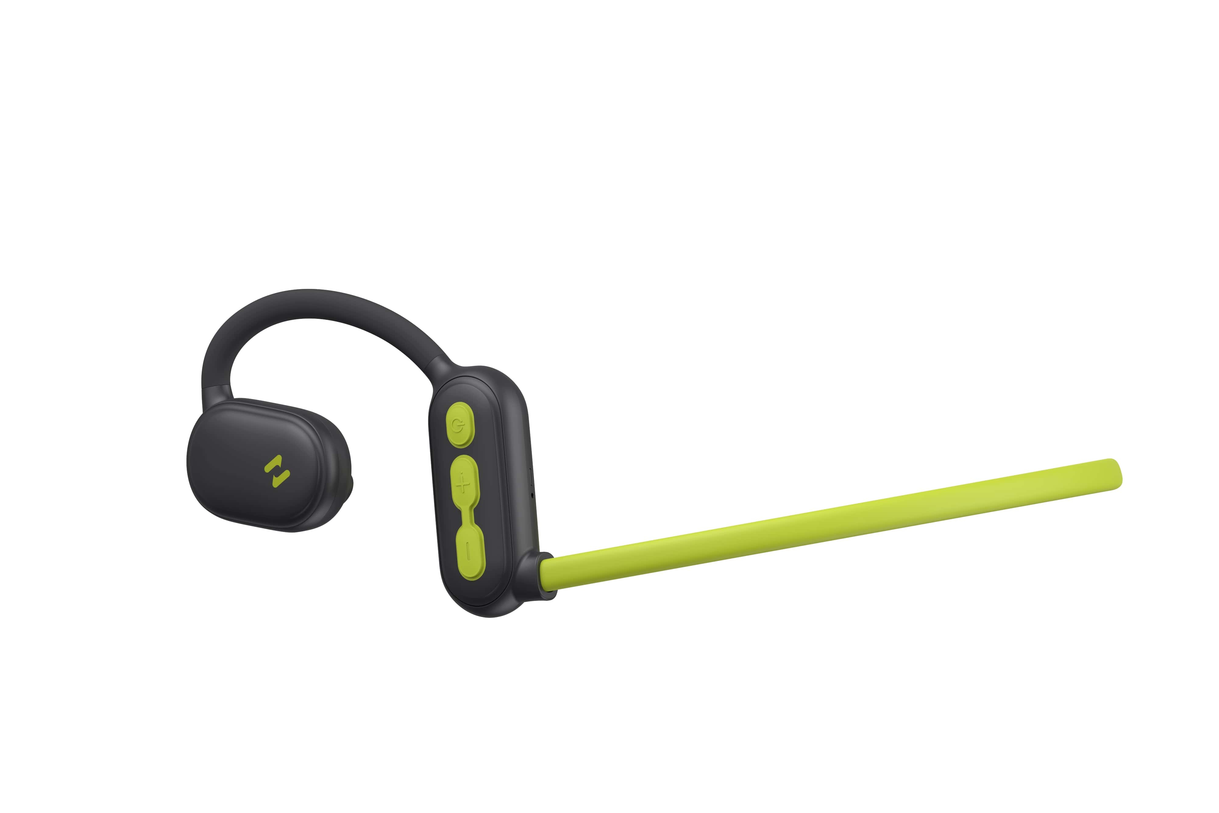 Casque à conduction osseuse noir et vert. Positionné horizontalement.