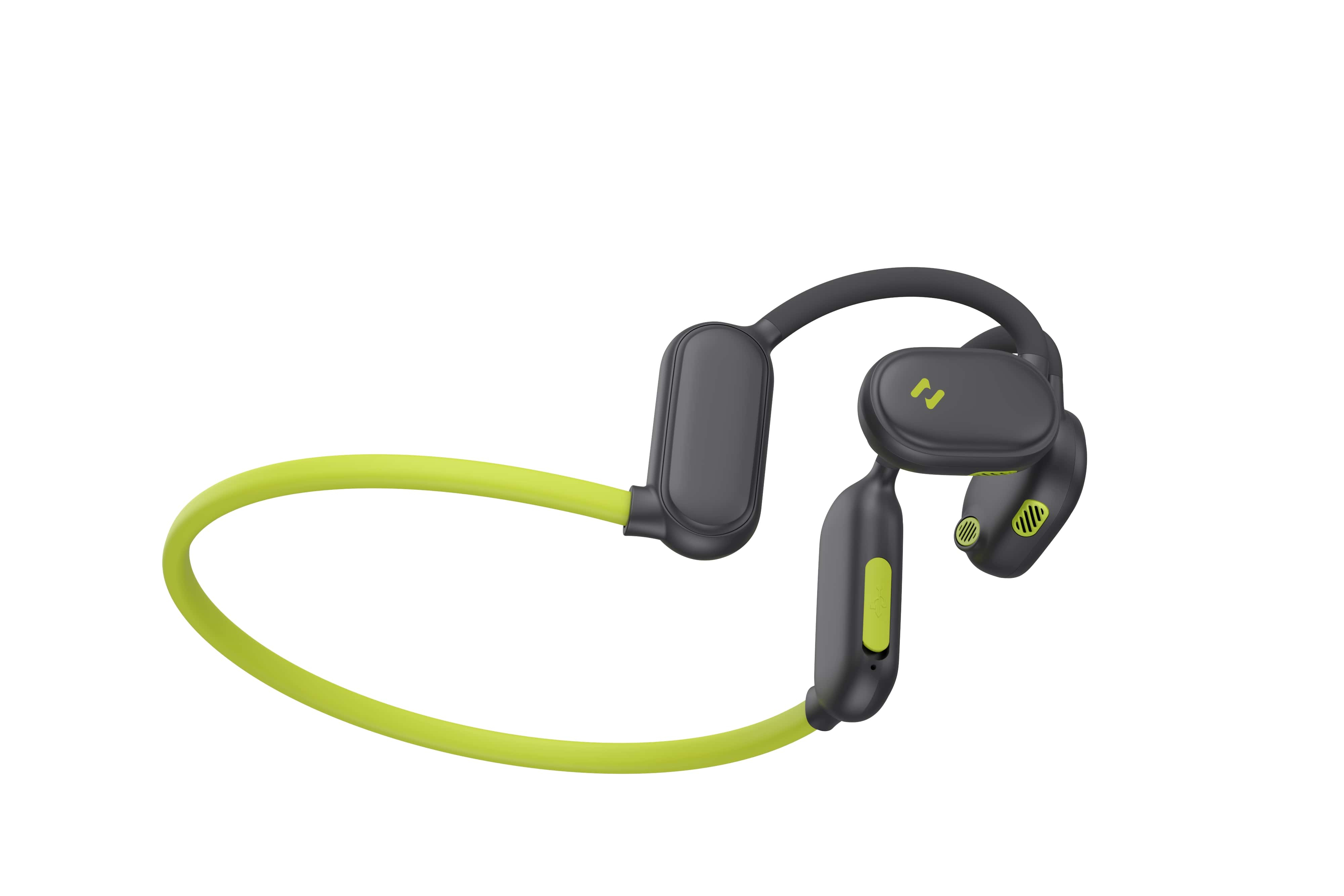 Casque à conduction osseuse avec bande flexible verte et composants noirs.