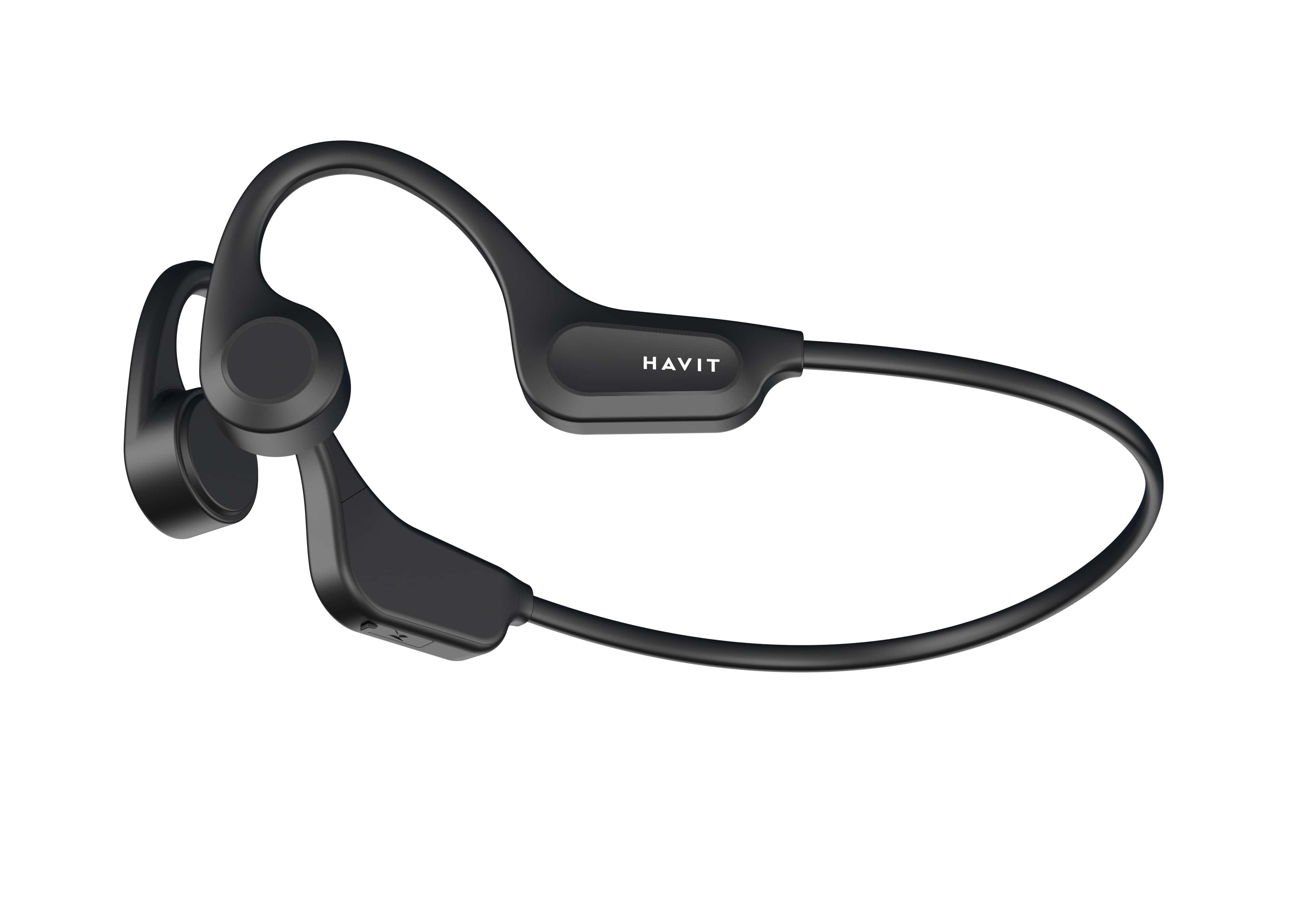 Czarne słuchawki kostne o zakrzywionym kształcie z napisem HAVIT.